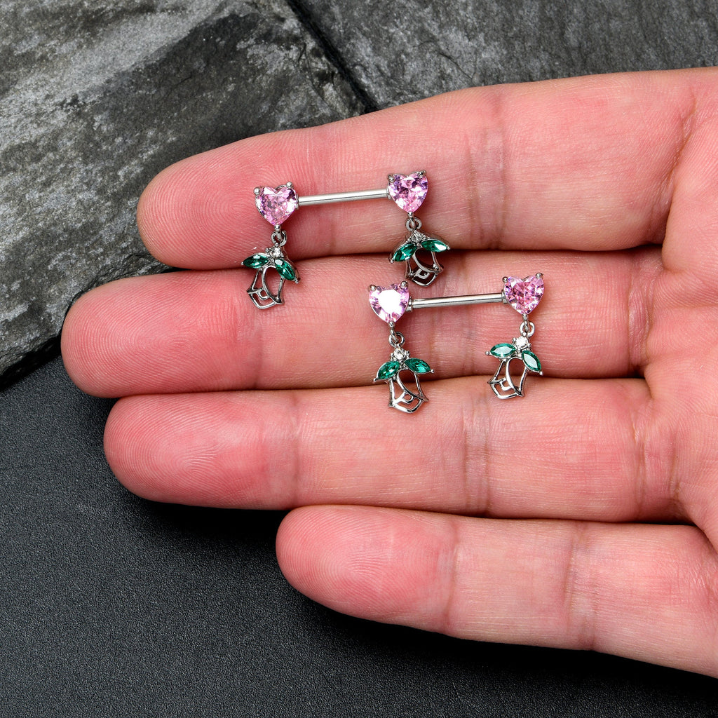 BodyCandy 14G 9/16 Pink CZ Gem Hearts And Roses Dangle Nipple Ring Set — lifestyle context