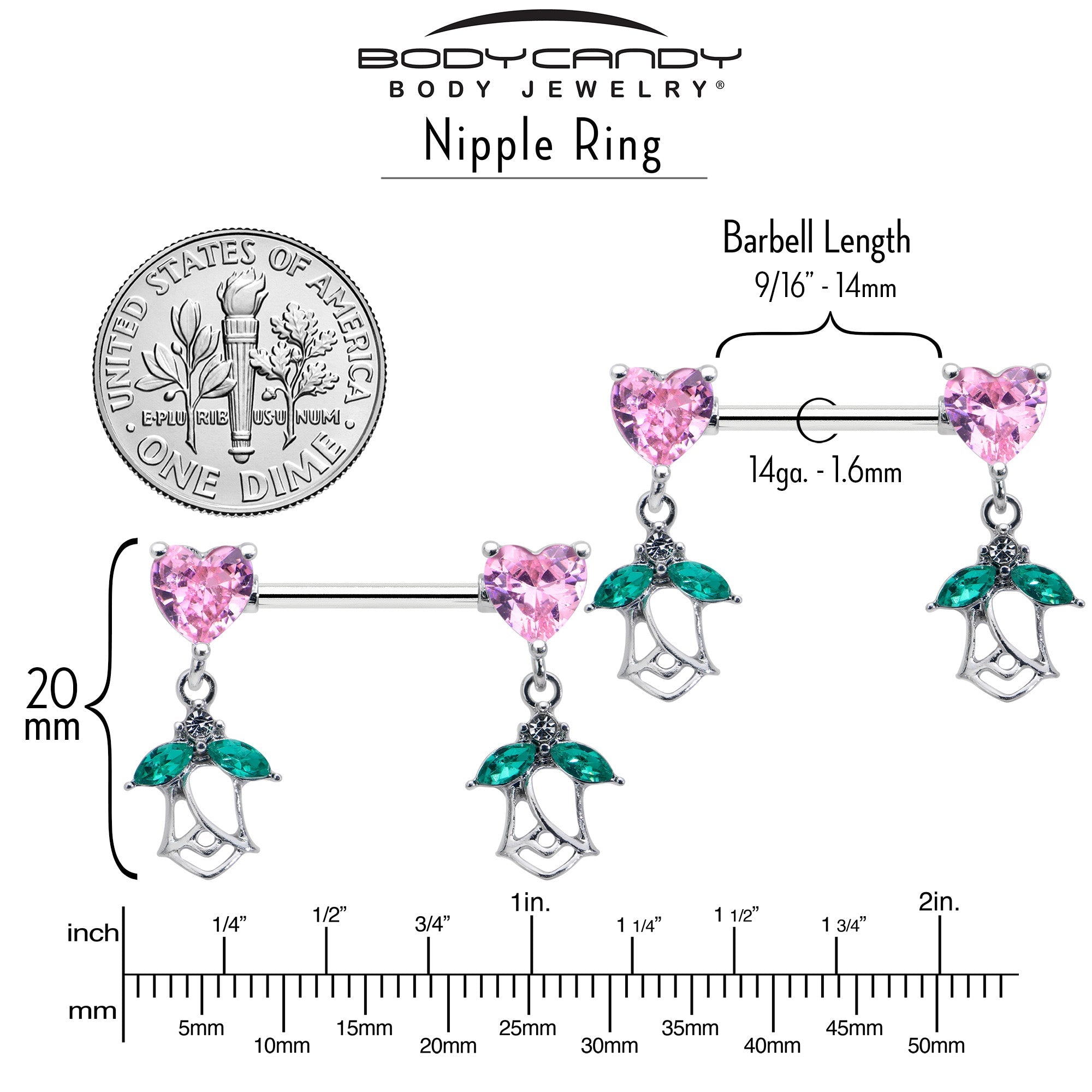 BodyCandy 14G 9/16 Pink CZ Gem Hearts And Roses Dangle Nipple Ring Set — side view