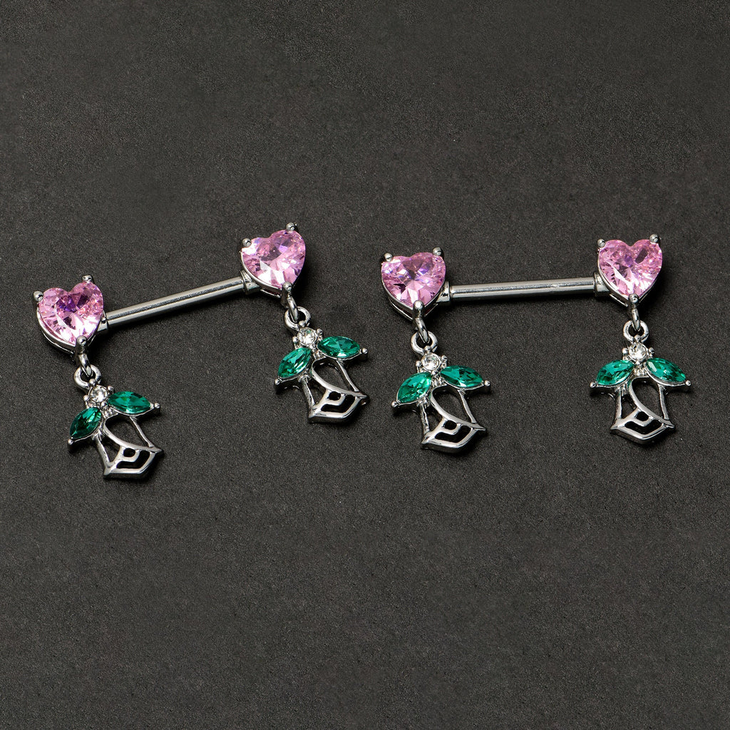 BodyCandy 14G 9/16 Pink CZ Gem Hearts And Roses Dangle Nipple Ring Set — back view