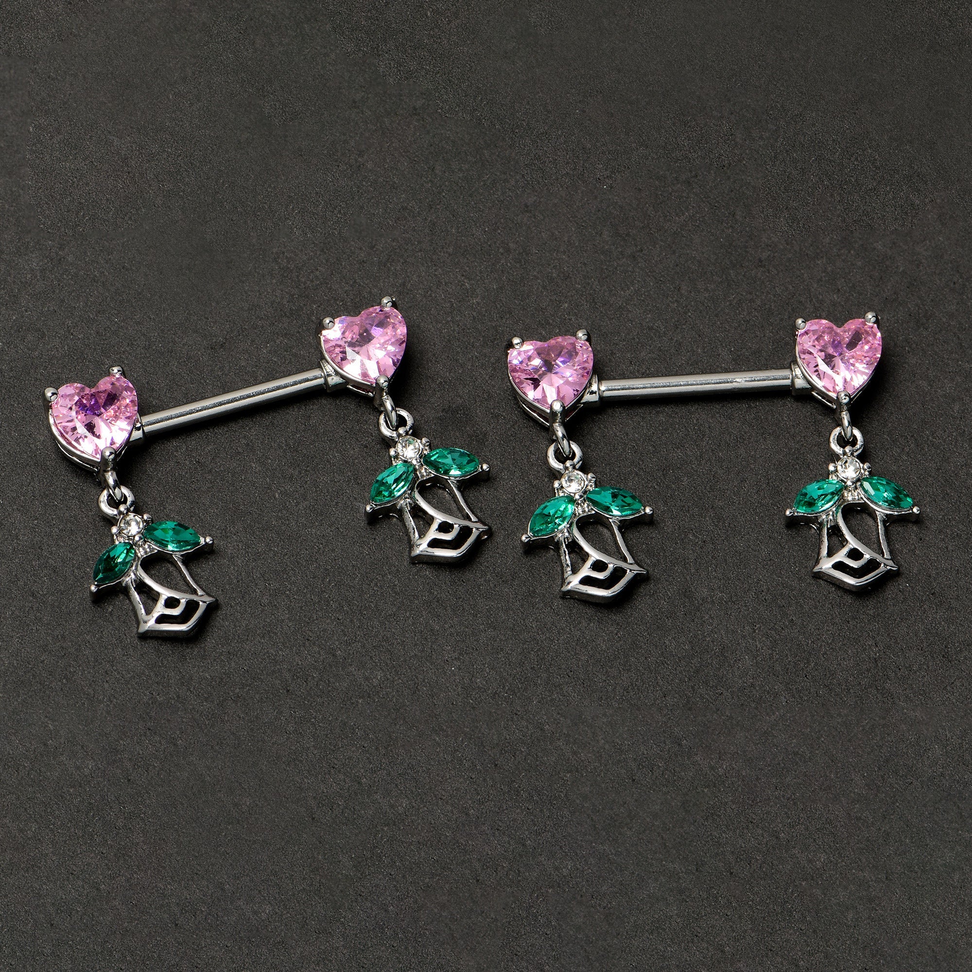 BodyCandy 14G 9/16 Pink CZ Gem Hearts And Roses Dangle Nipple Ring Set — back view