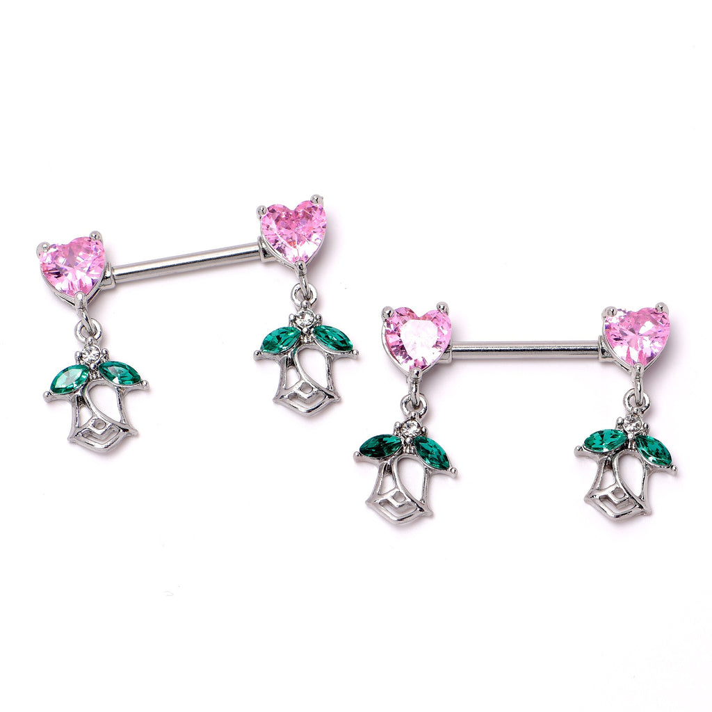 BodyCandy 14G 9/16 Pink CZ Gem Hearts And Roses Dangle Nipple Ring Set — alternative angle