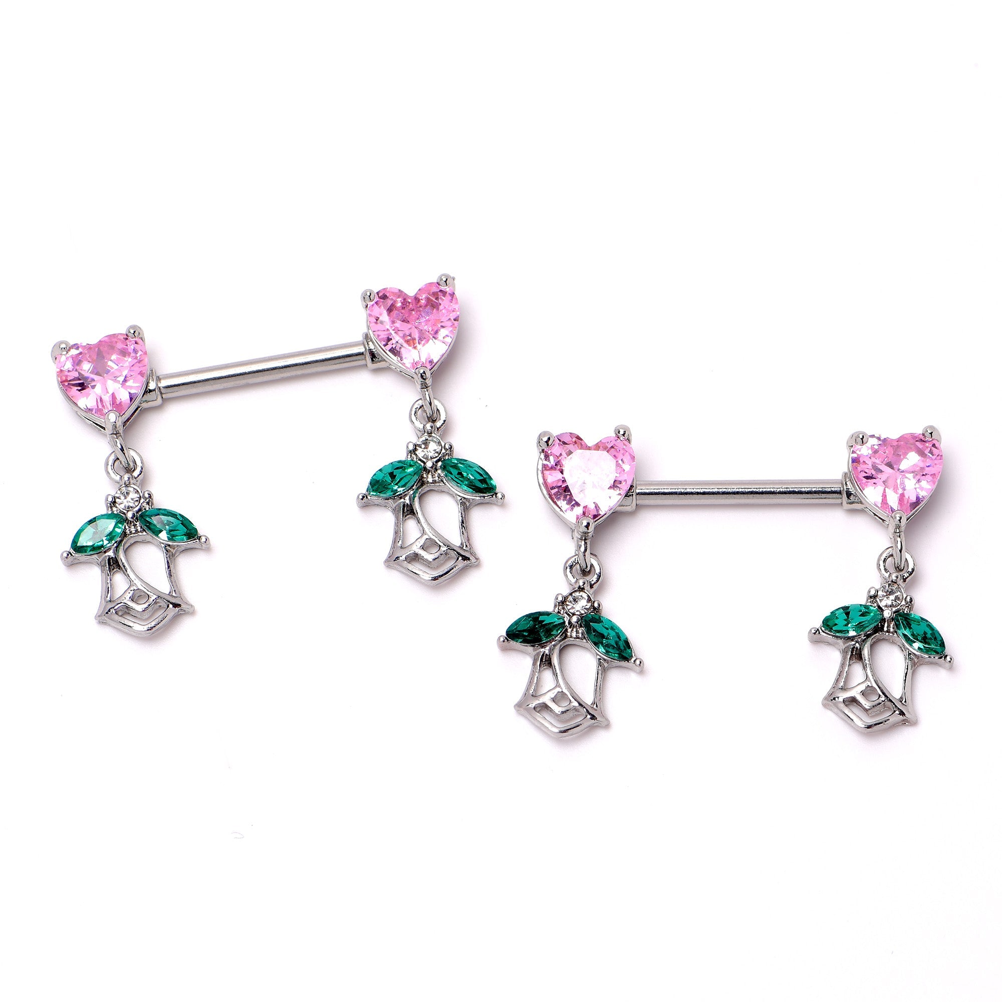 BodyCandy 14G 9/16 Pink CZ Gem Hearts And Roses Dangle Nipple Ring Set — alternative angle