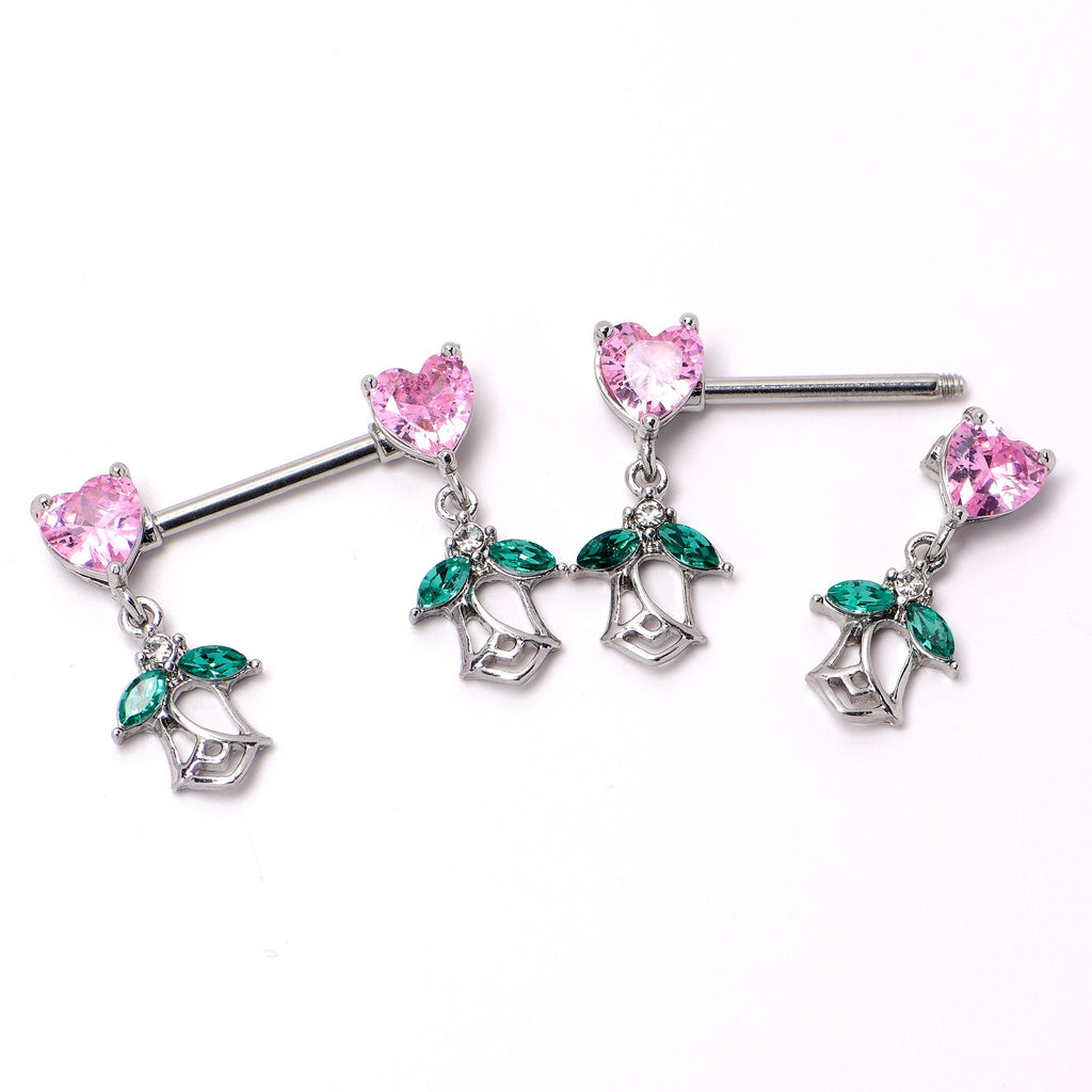 BodyCandy 14G 9/16 Pink CZ Gem Hearts And Roses Dangle Nipple Ring Set — in-use photo