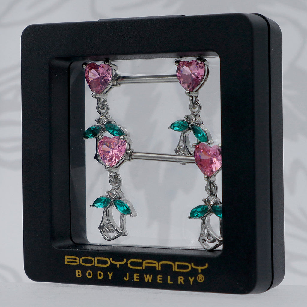 BodyCandy 14G 9/16 Pink CZ Gem Hearts And Roses Dangle Nipple Ring Set — size reference