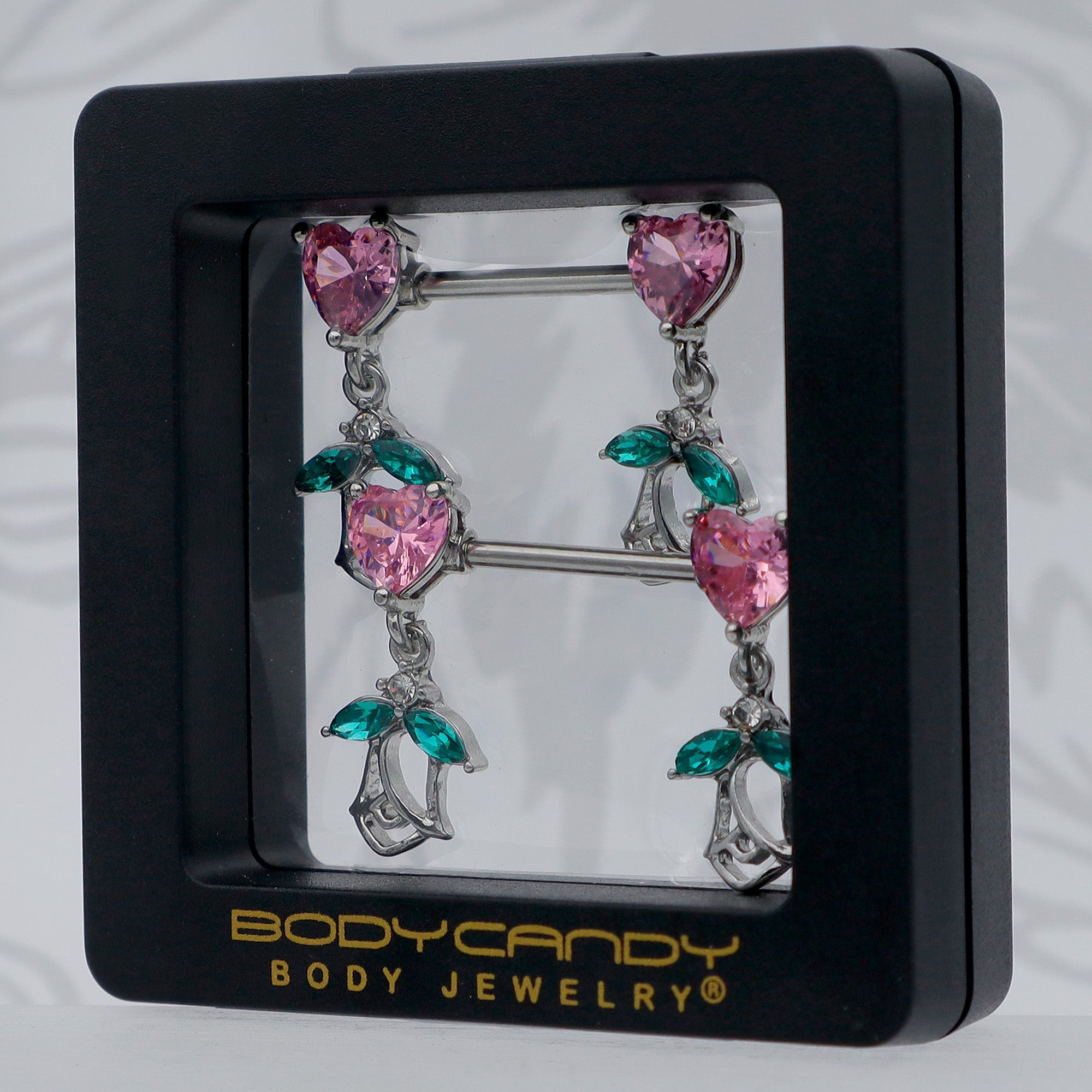 BodyCandy 14G 9/16 Pink CZ Gem Hearts And Roses Dangle Nipple Ring Set — size reference