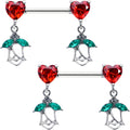BodyCandy 14G 9/16 Red CZ Gem Hearts And Roses Dangle Nipple Ring Set — main product shot