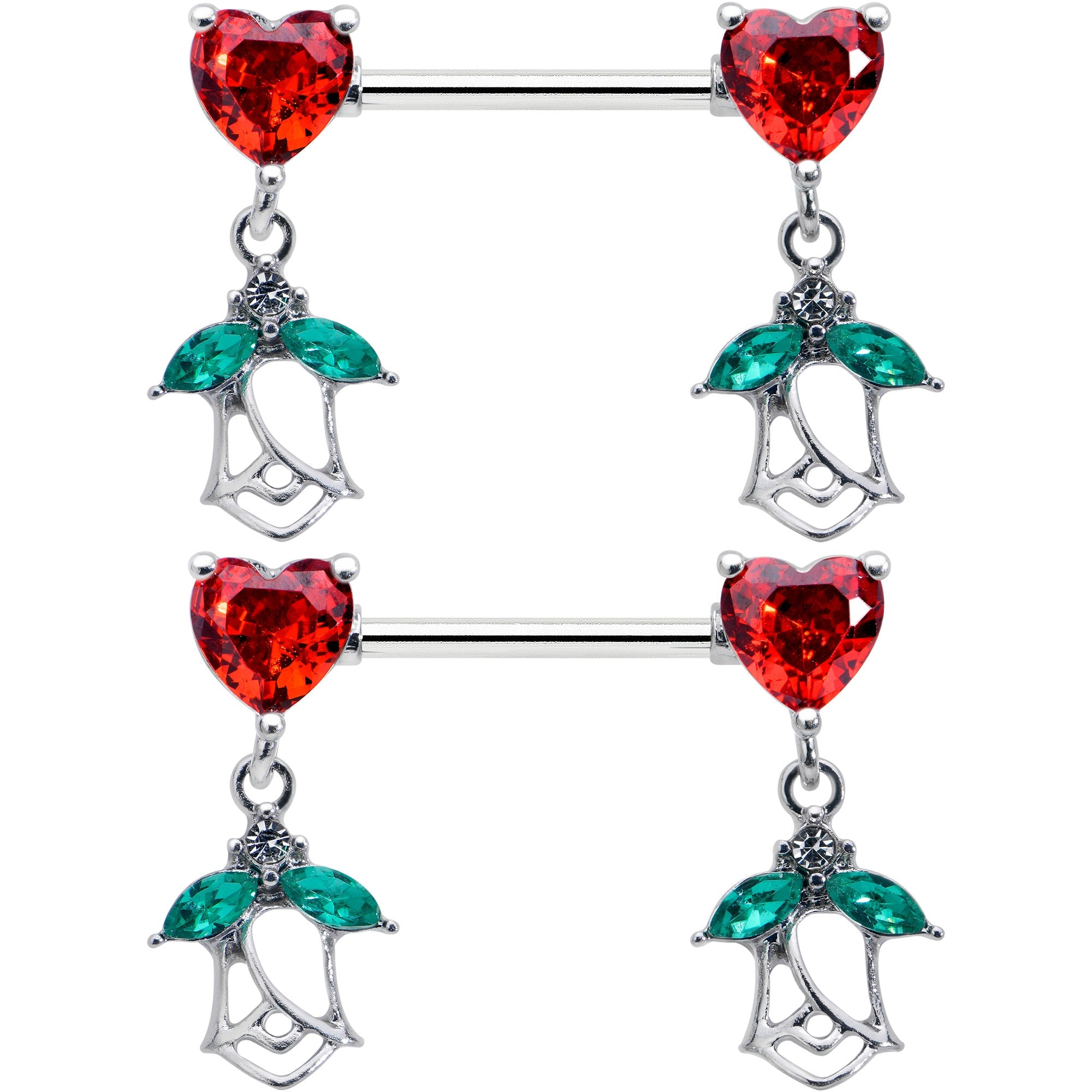 BodyCandy 14G 9/16 Red CZ Gem Hearts And Roses Dangle Nipple Ring Set — detail close-up
