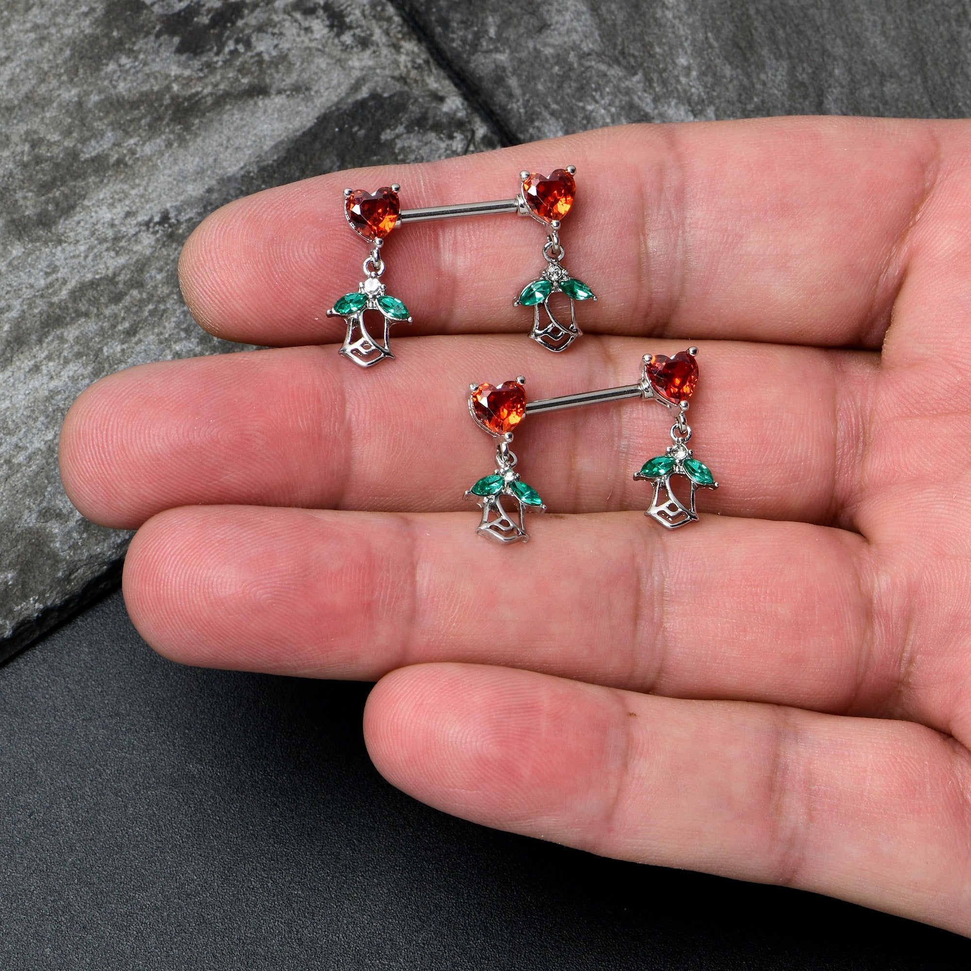 BodyCandy 14G 9/16 Red CZ Gem Hearts And Roses Dangle Nipple Ring Set — lifestyle context