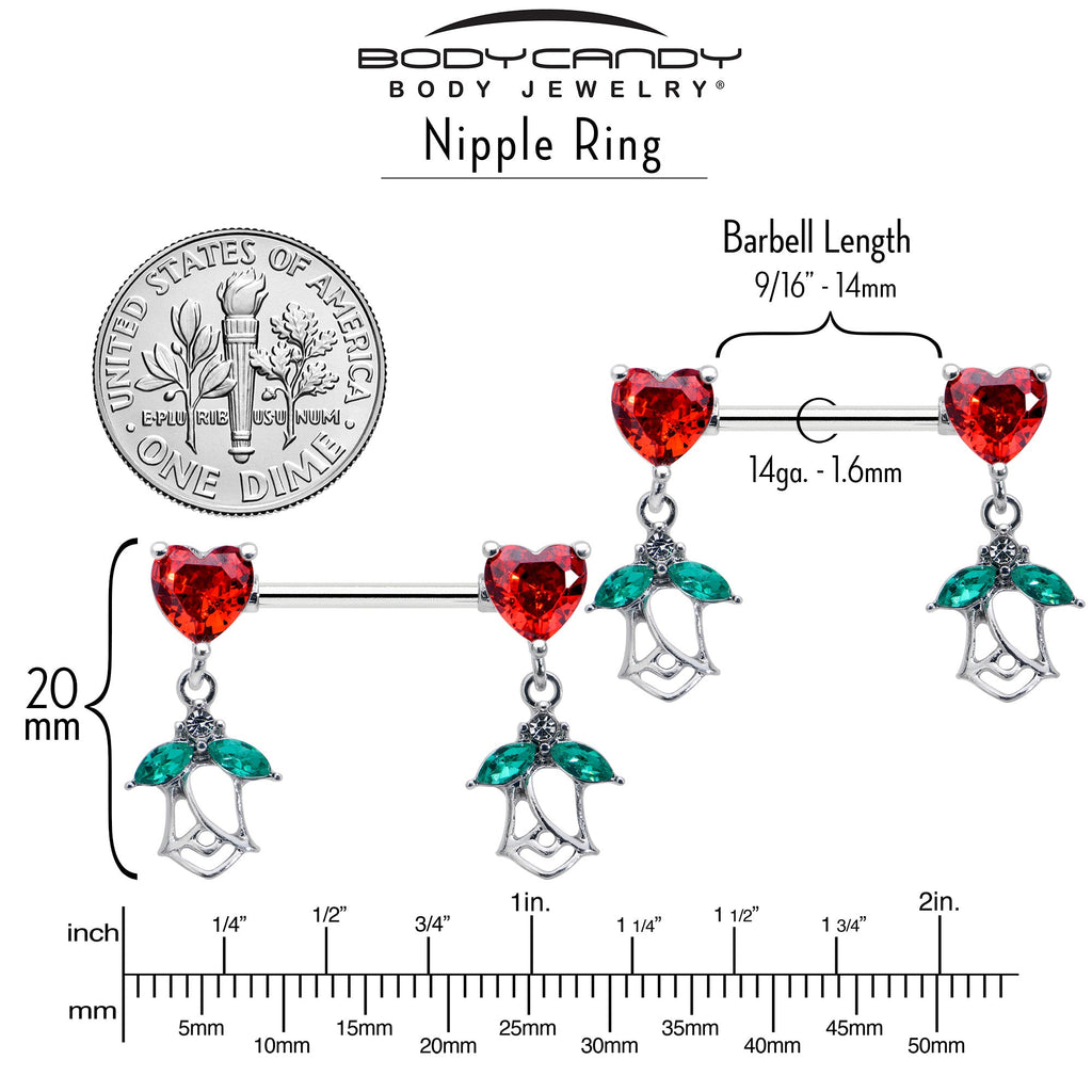 BodyCandy 14G 9/16 Red CZ Gem Hearts And Roses Dangle Nipple Ring Set — side view