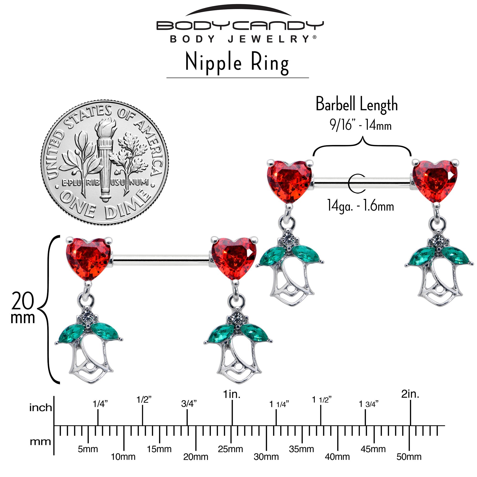 BodyCandy 14G 9/16 Red CZ Gem Hearts And Roses Dangle Nipple Ring Set — side view