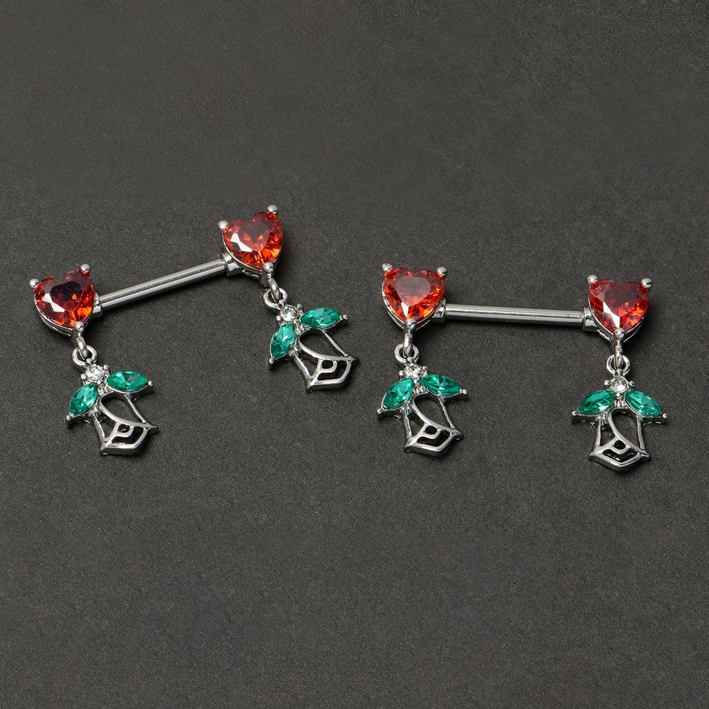 BodyCandy 14G 9/16 Red CZ Gem Hearts And Roses Dangle Nipple Ring Set — back view