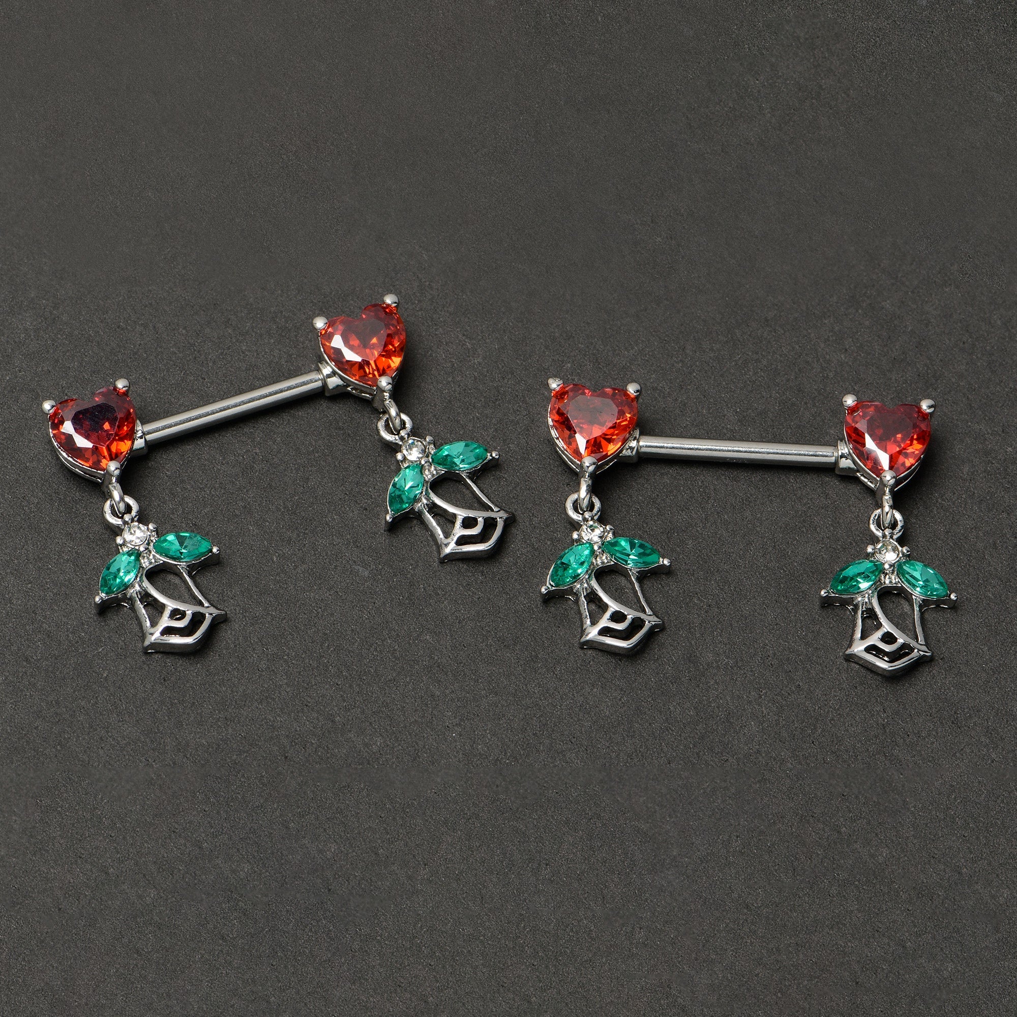BodyCandy 14G 9/16 Red CZ Gem Hearts And Roses Dangle Nipple Ring Set — back view