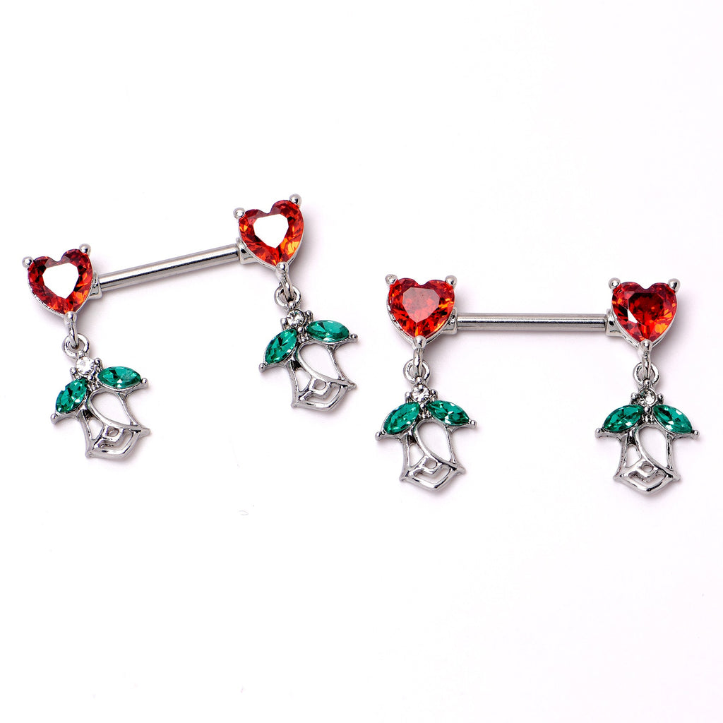 BodyCandy 14G 9/16 Red CZ Gem Hearts And Roses Dangle Nipple Ring Set — alternative angle
