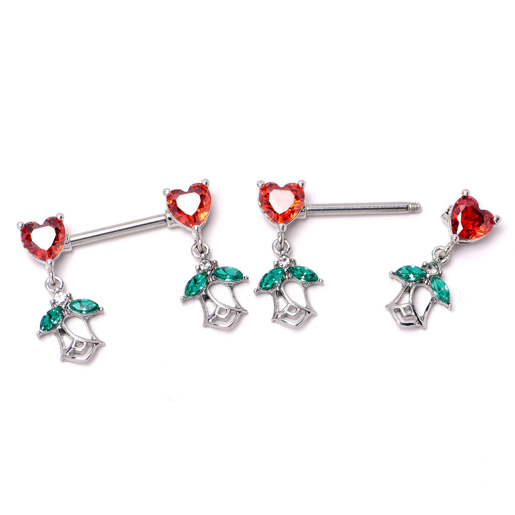 BodyCandy 14G 9/16 Red CZ Gem Hearts And Roses Dangle Nipple Ring Set — in-use photo
