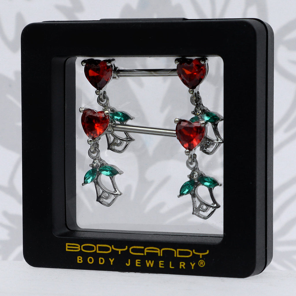 BodyCandy 14G 9/16 Red CZ Gem Hearts And Roses Dangle Nipple Ring Set — size reference