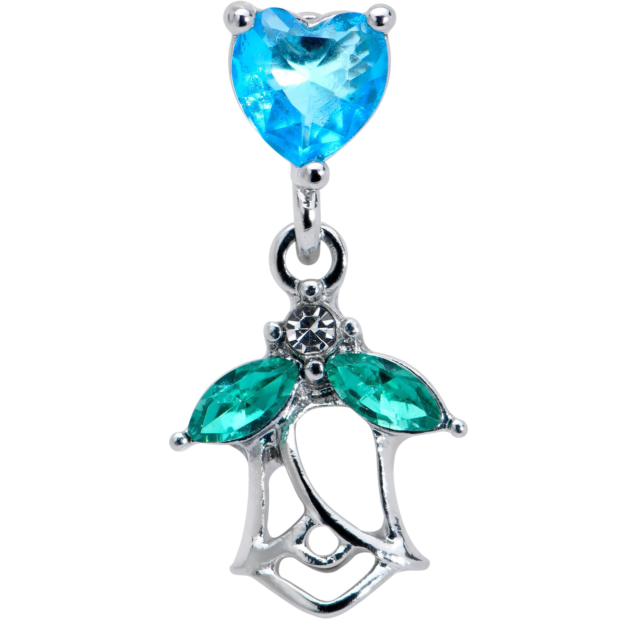BodyCandy 16G 1/4 Blue CZ Gem Heart And Rose Dangle Cartilage Earring — detail close-up