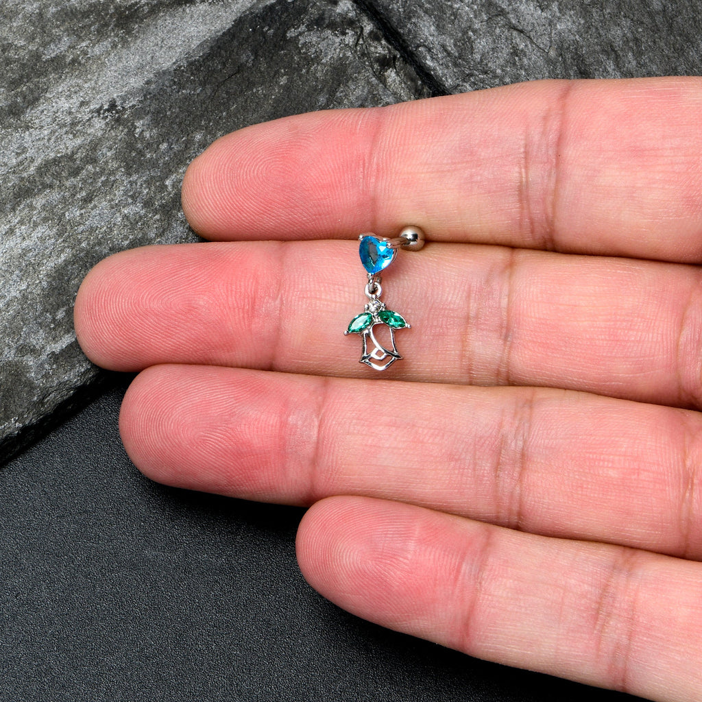 BodyCandy 16G 1/4 Blue CZ Gem Heart And Rose Dangle Cartilage Earring — side view
