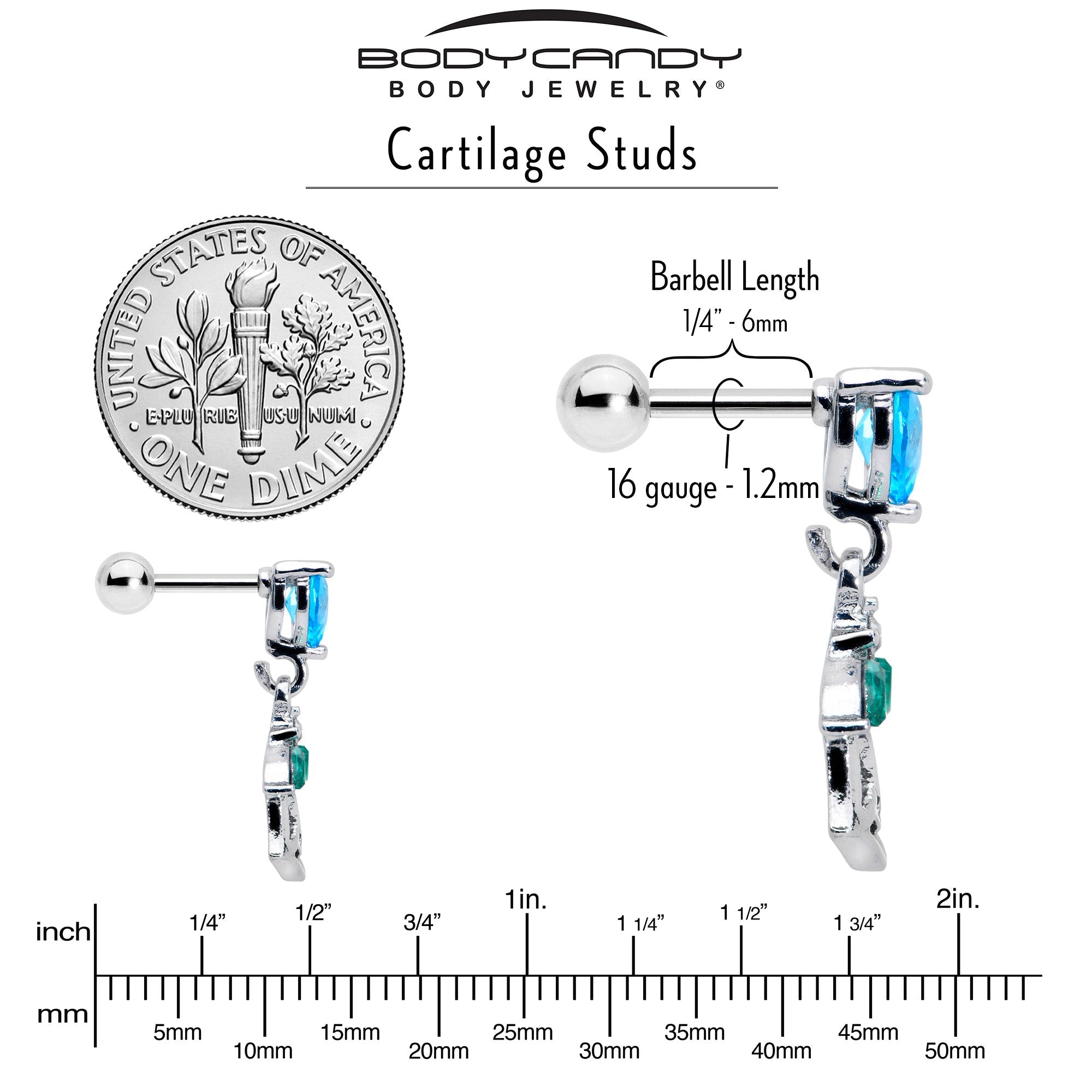 BodyCandy 16G 1/4 Blue CZ Gem Heart And Rose Dangle Cartilage Earring — back view