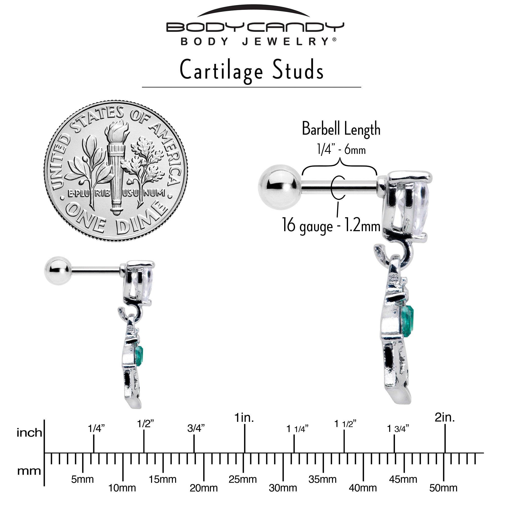 BodyCandy 16G 1/4 Clear CZ Gem Heart And Rose Dangle Cartilage Earring — back view