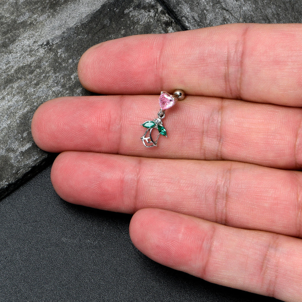 BodyCandy 16G 1/4 Pink CZ Gem Heart And Rose Dangle Cartilage Earring — side view