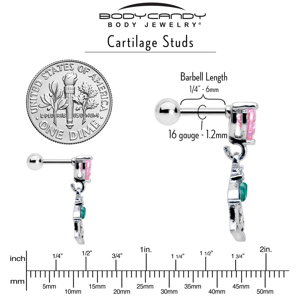 BodyCandy 16G 1/4 Pink CZ Gem Heart And Rose Dangle Cartilage Earring — back view