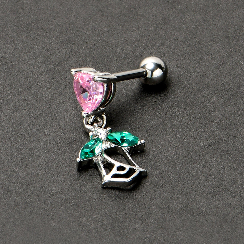 BodyCandy 16G 1/4 Pink CZ Gem Heart And Rose Dangle Cartilage Earring — alternative angle
