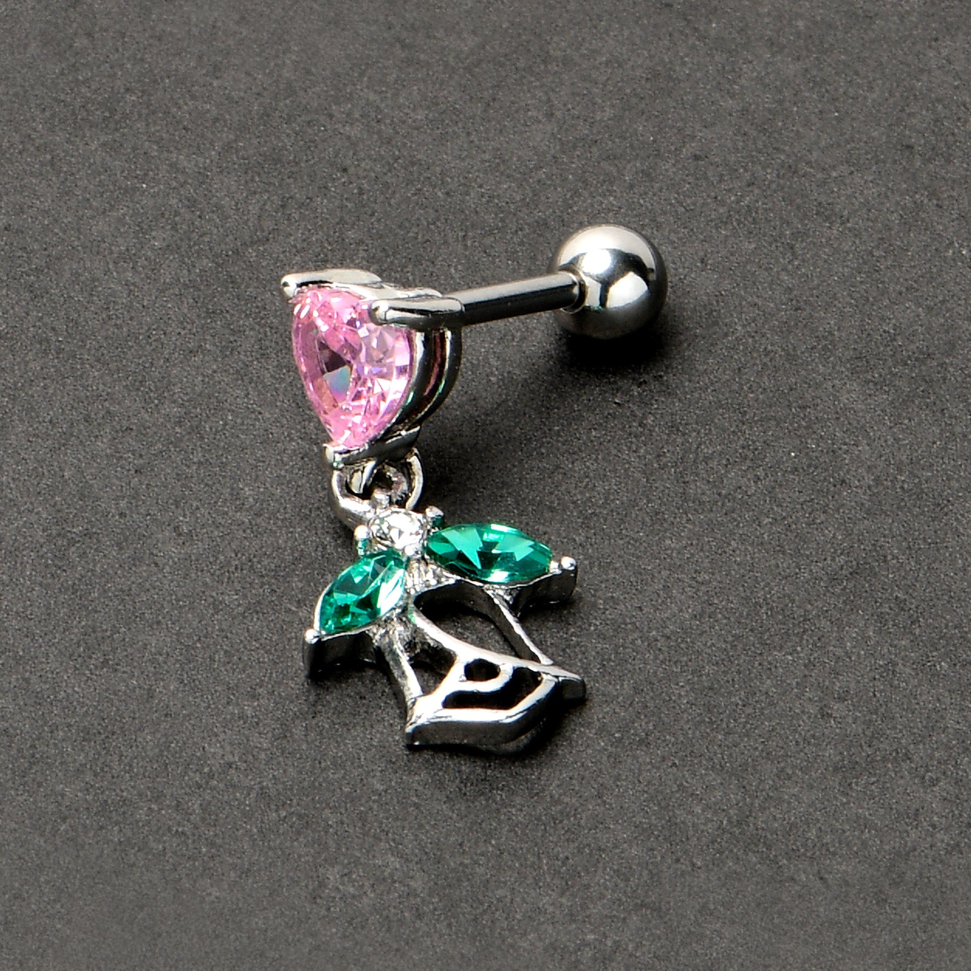 BodyCandy 16G 1/4 Pink CZ Gem Heart And Rose Dangle Cartilage Earring — alternative angle