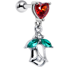 16G 1/4 Red CZ Gem Heart And Rose Dangle Cartilage Earring