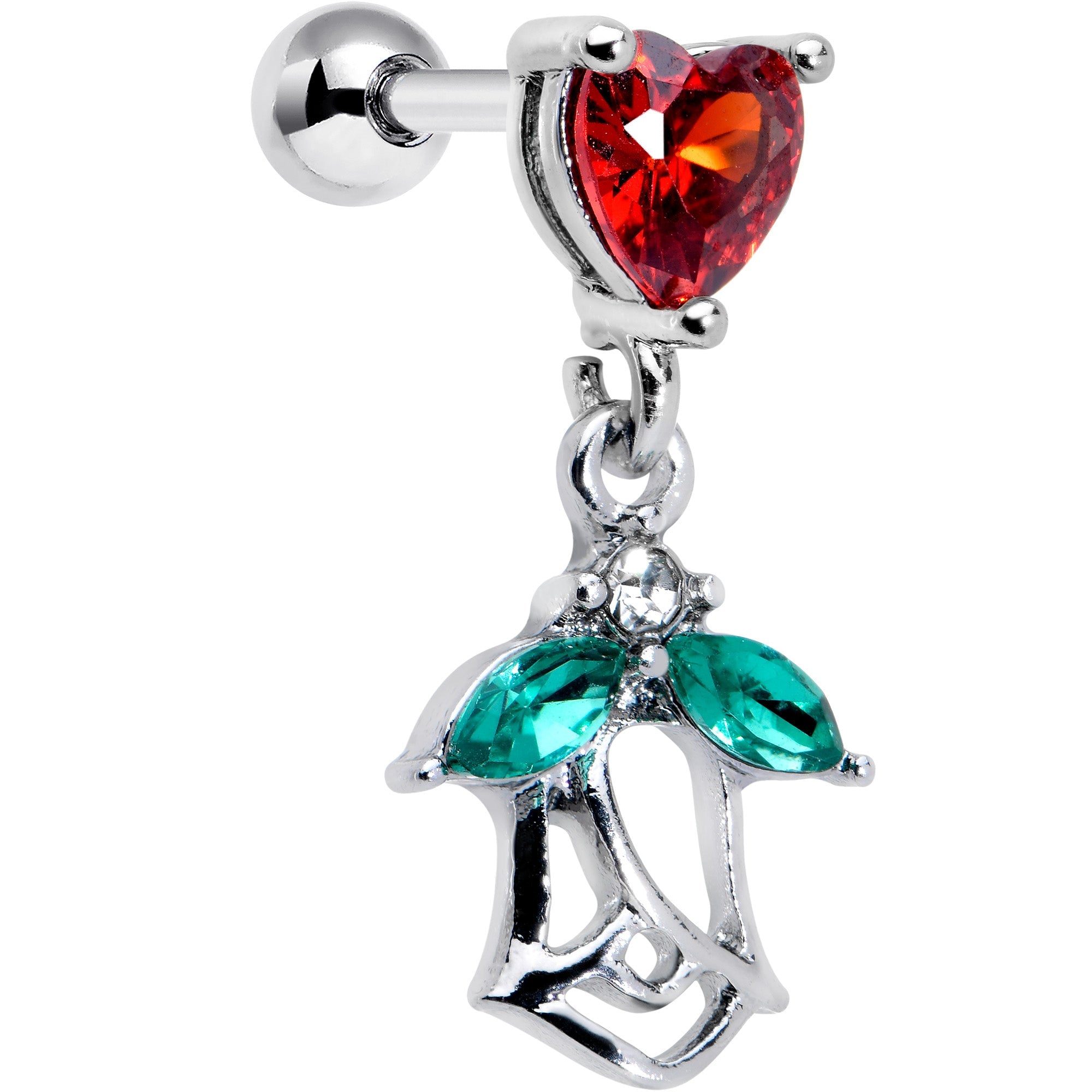 BodyCandy 16G 1/4 Red CZ Gem Heart And Rose Dangle Cartilage Earring — main product shot