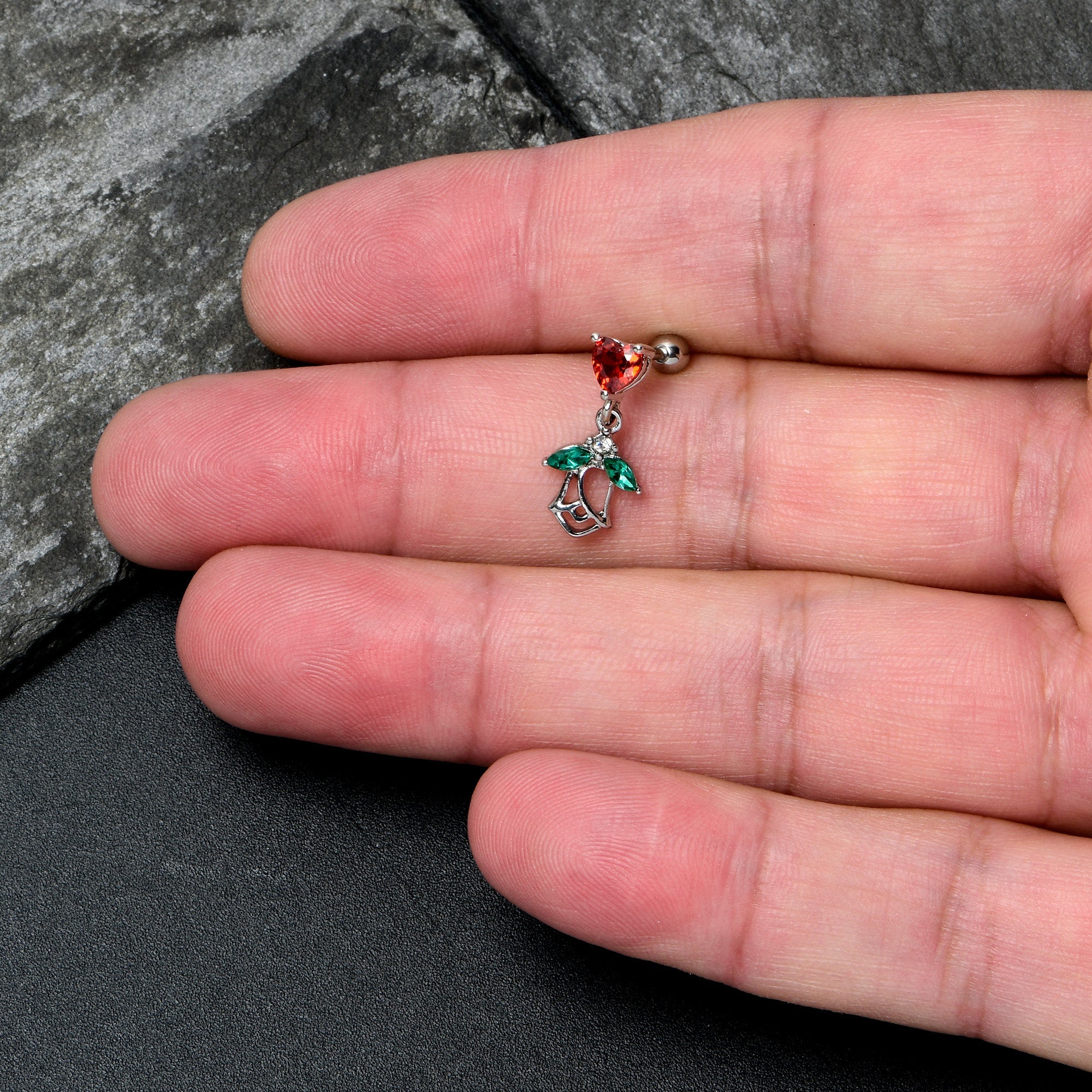 BodyCandy 16G 1/4 Red CZ Gem Heart And Rose Dangle Cartilage Earring — side view