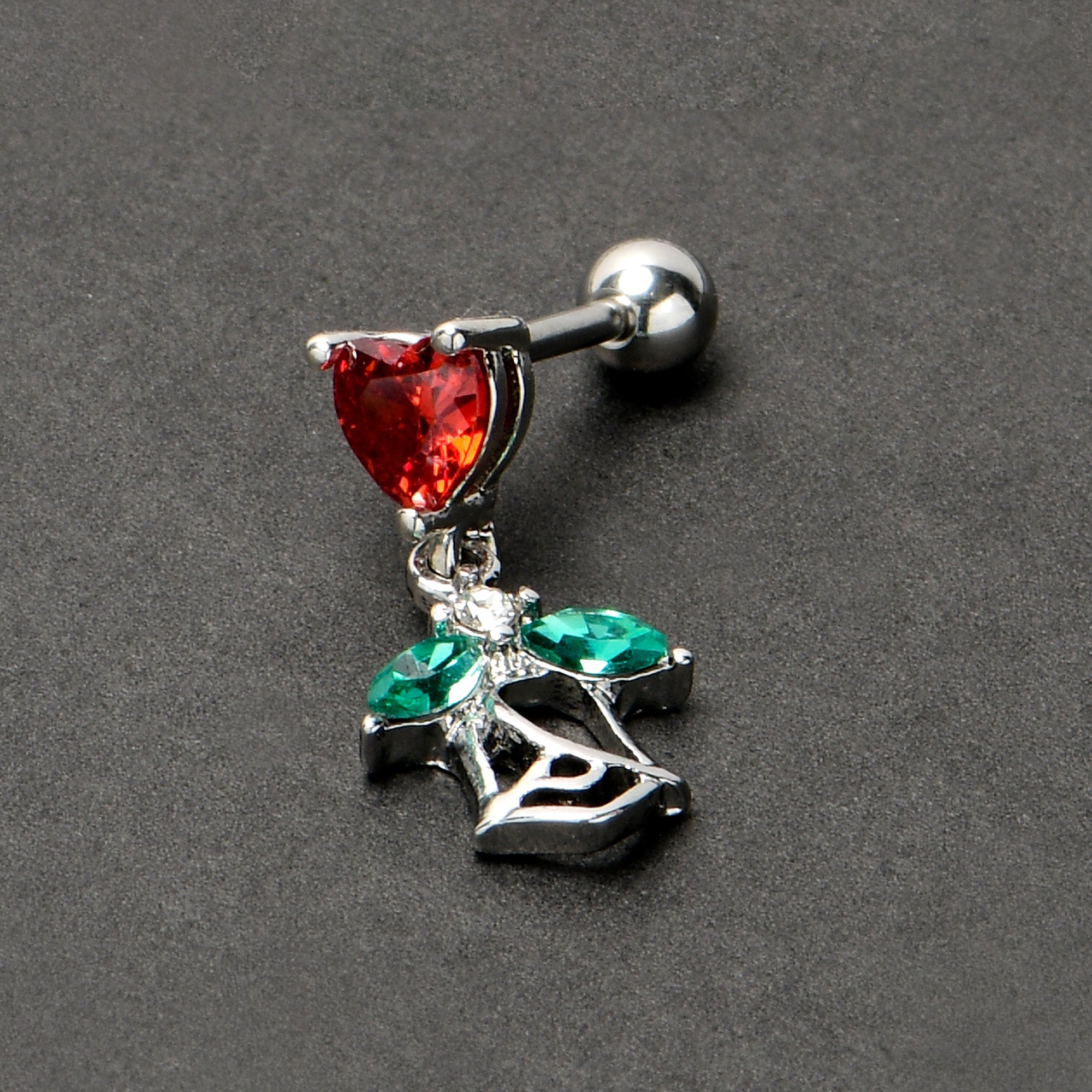 BodyCandy 16G 1/4 Red CZ Gem Heart And Rose Dangle Cartilage Earring — alternative angle