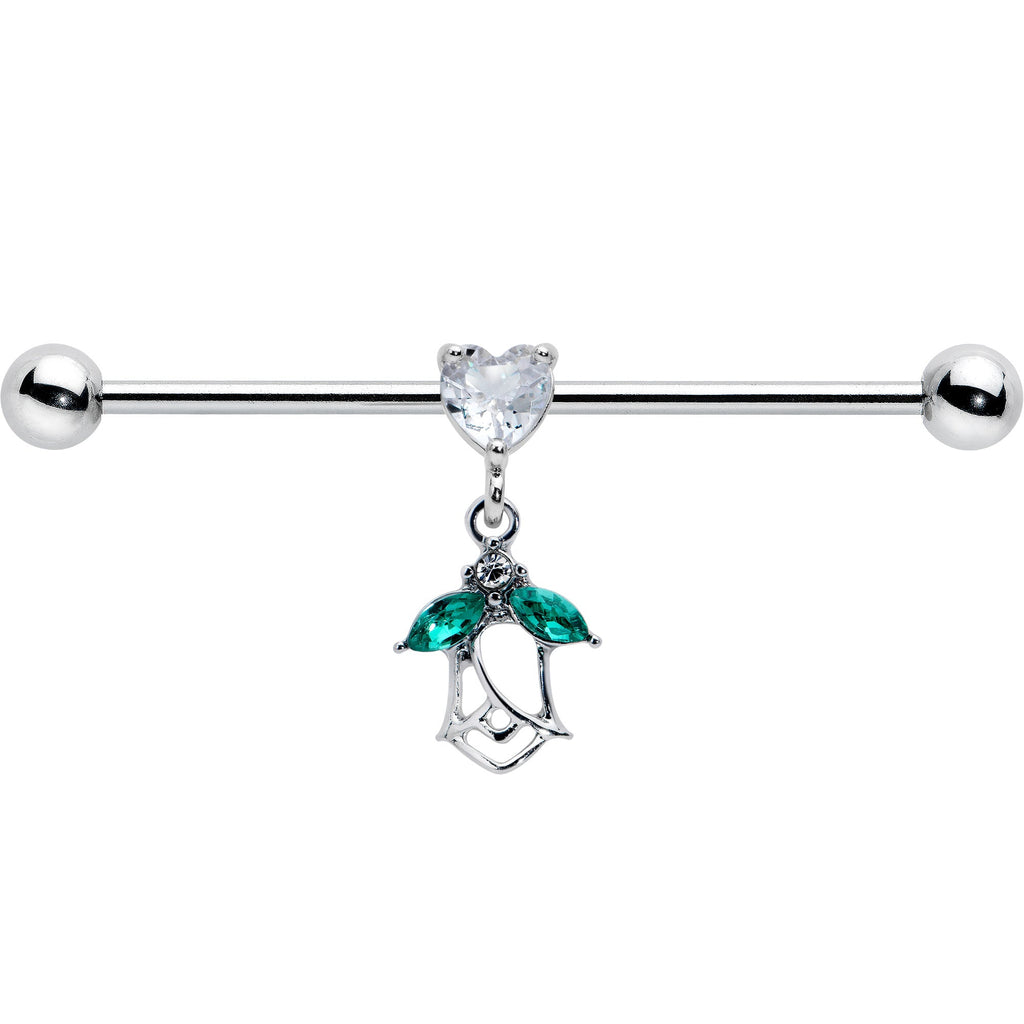 BodyCandy 14G Clear CZ Gem Heart And Rose Dangle Industrial Barbell 38mm — detail close-up