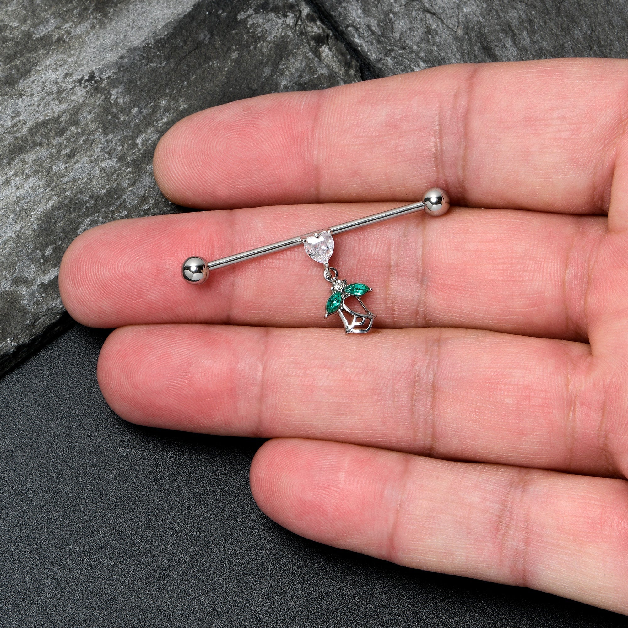 BodyCandy 14G Clear CZ Gem Heart And Rose Dangle Industrial Barbell 38mm — lifestyle context