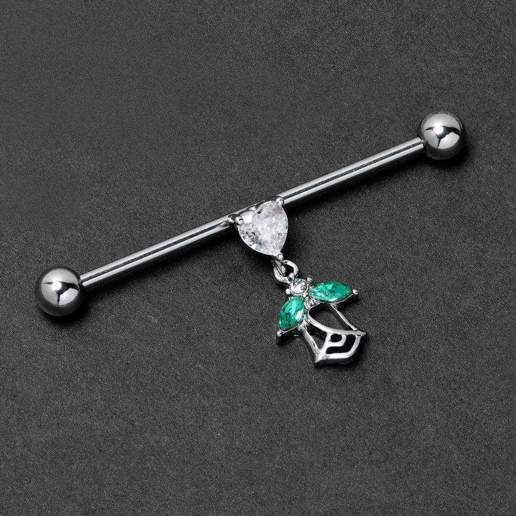 BodyCandy 14G Clear CZ Gem Heart And Rose Dangle Industrial Barbell 38mm — back view