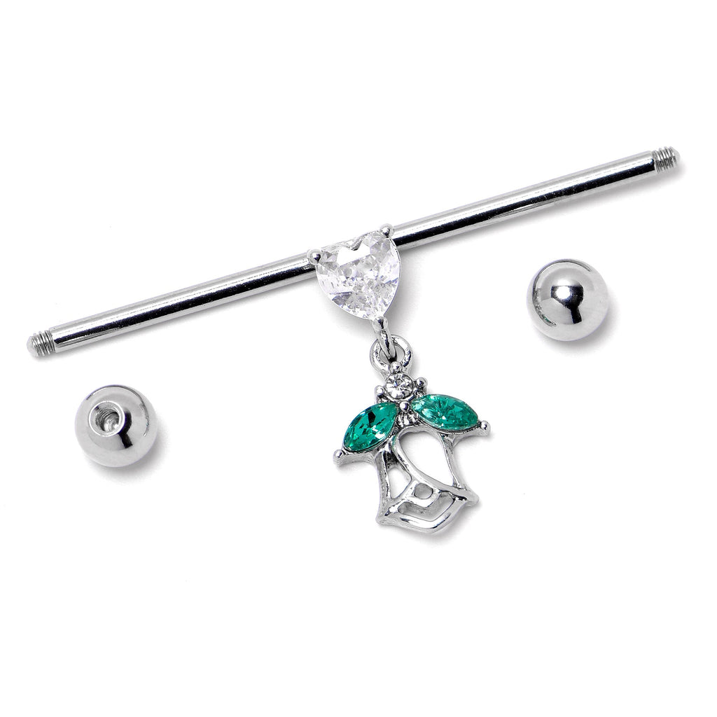 BodyCandy 14G Clear CZ Gem Heart And Rose Dangle Industrial Barbell 38mm — in-use photo