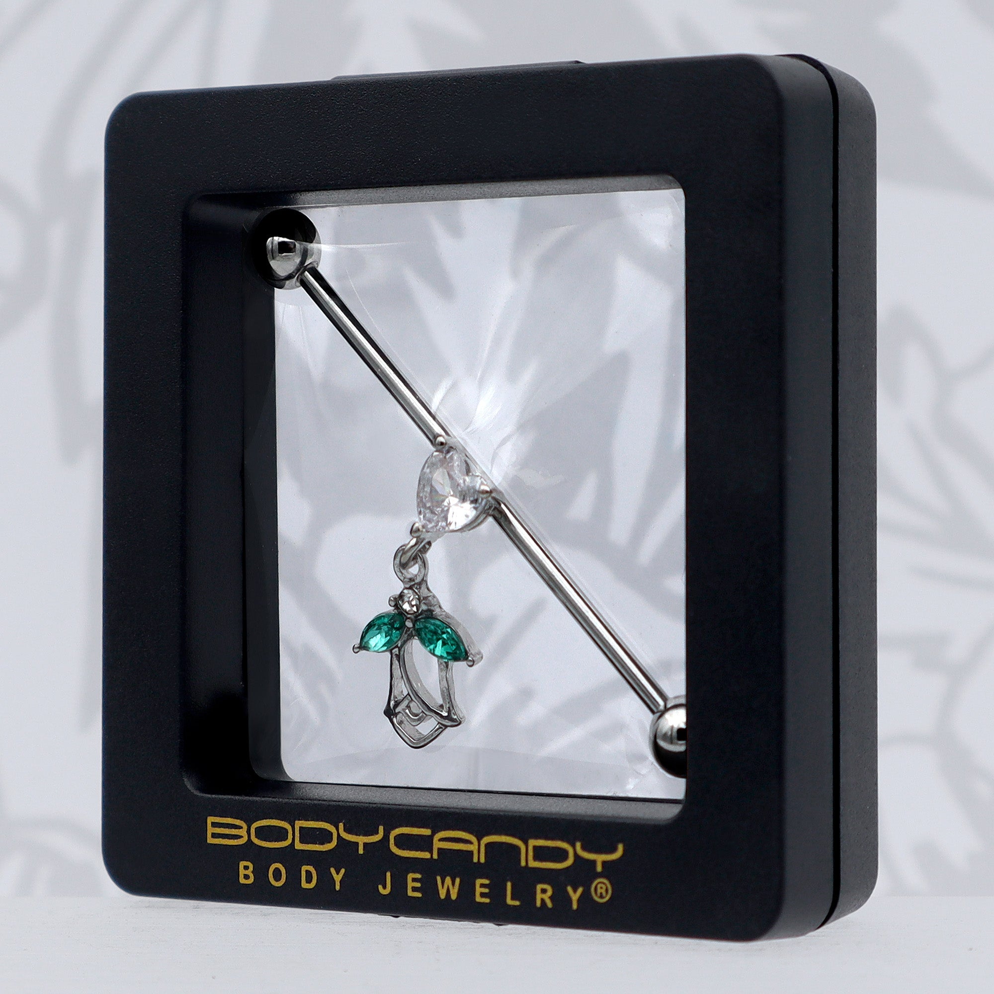 BodyCandy 14G Clear CZ Gem Heart And Rose Dangle Industrial Barbell 38mm — size reference