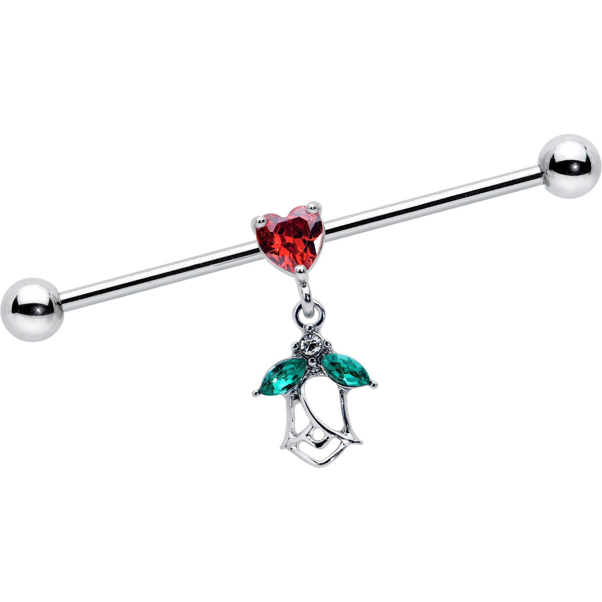 BodyCandy 14G Red CZ Gem Heart And Rose Dangle Industrial Barbell 38mm — main product shot