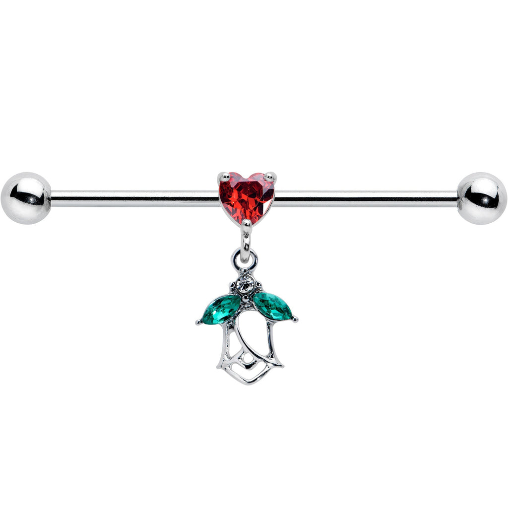 BodyCandy 14G Red CZ Gem Heart And Rose Dangle Industrial Barbell 38mm — detail close-up