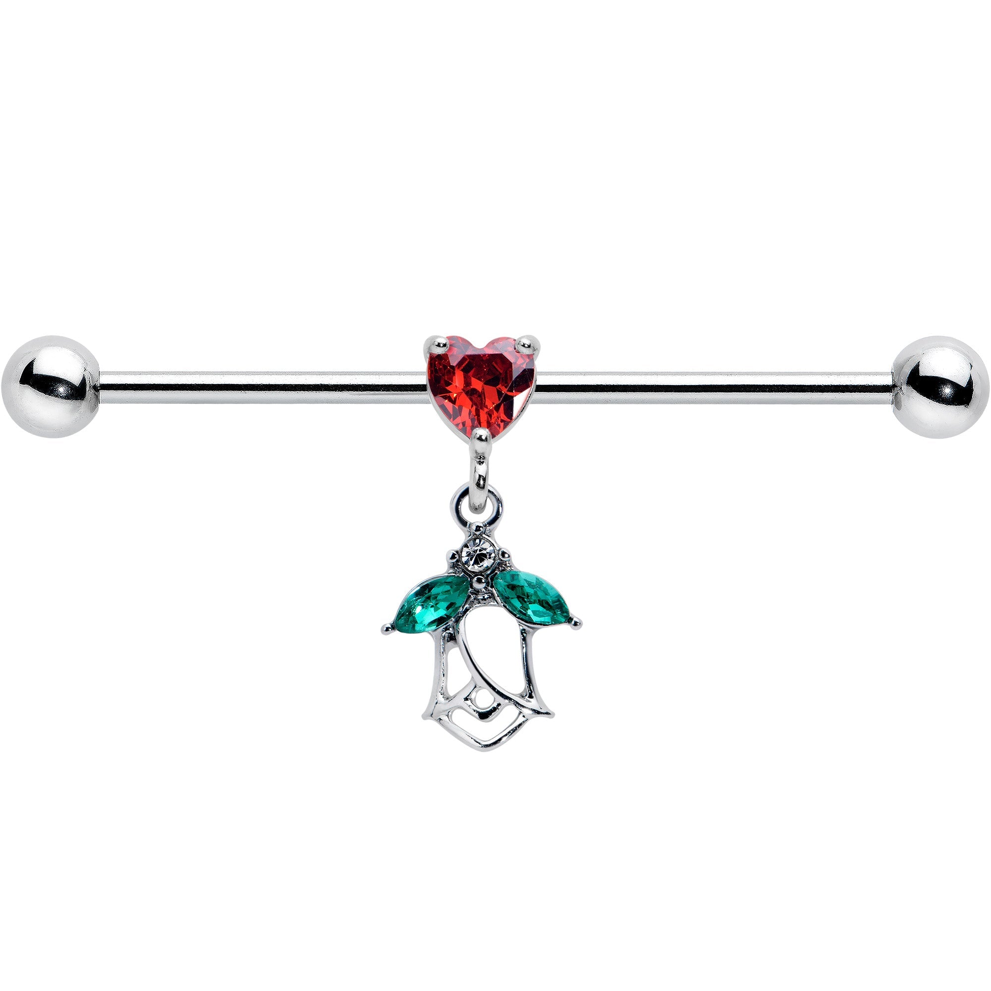 BodyCandy 14G Red CZ Gem Heart And Rose Dangle Industrial Barbell 38mm — detail close-up