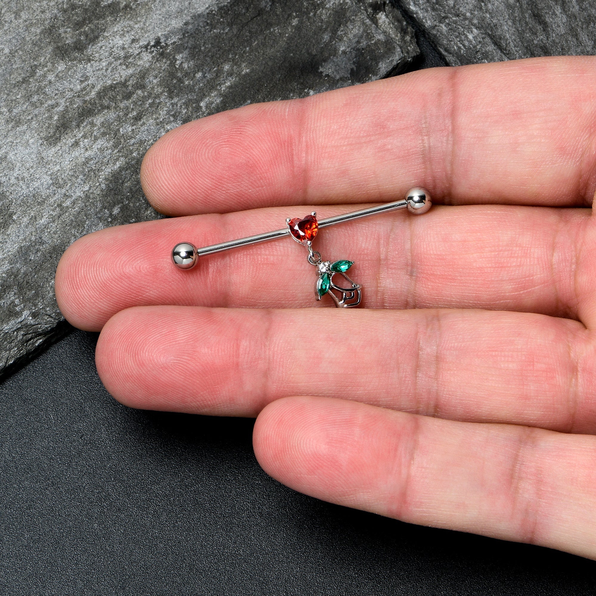 BodyCandy 14G Red CZ Gem Heart And Rose Dangle Industrial Barbell 38mm — lifestyle context