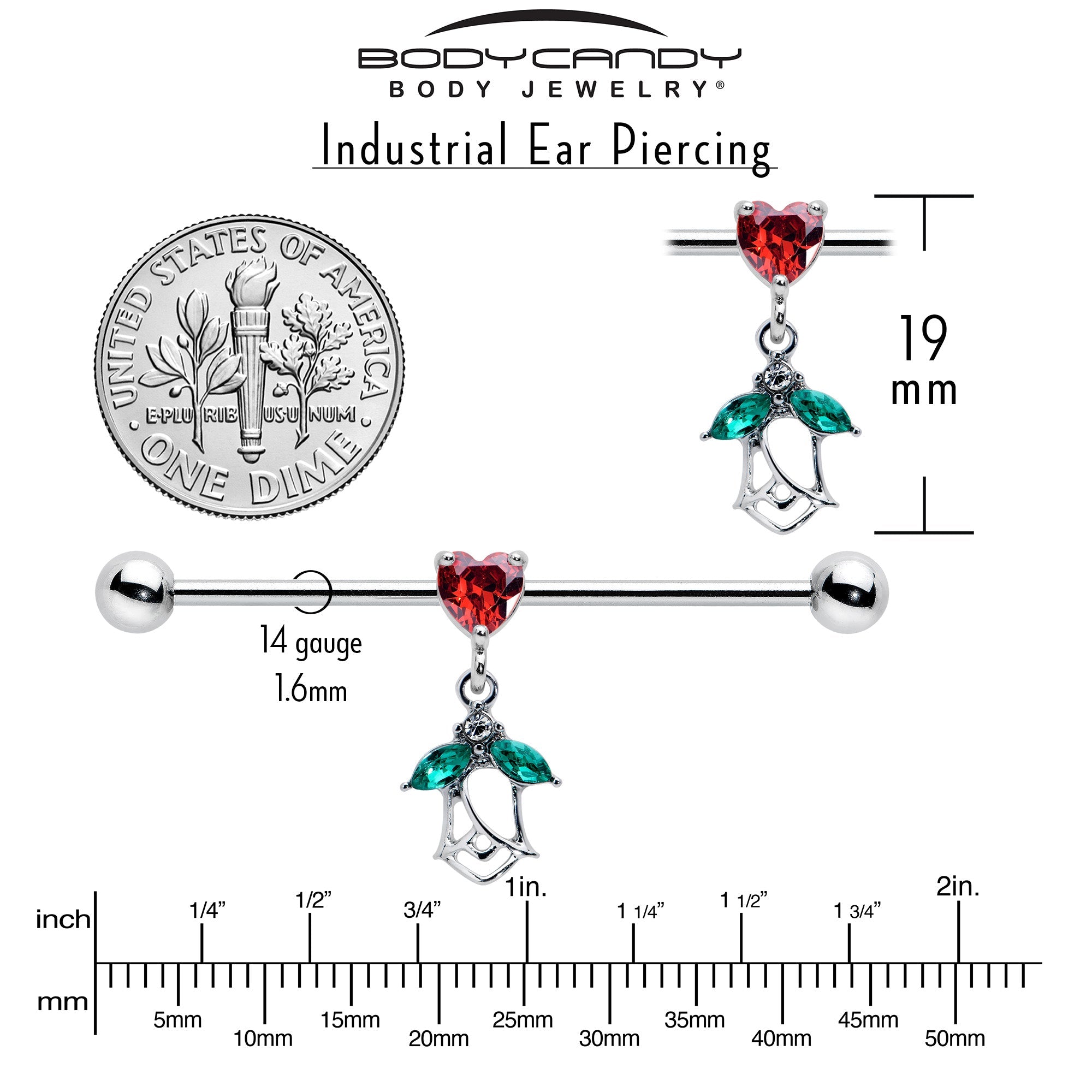 BodyCandy 14G Red CZ Gem Heart And Rose Dangle Industrial Barbell 38mm — side view