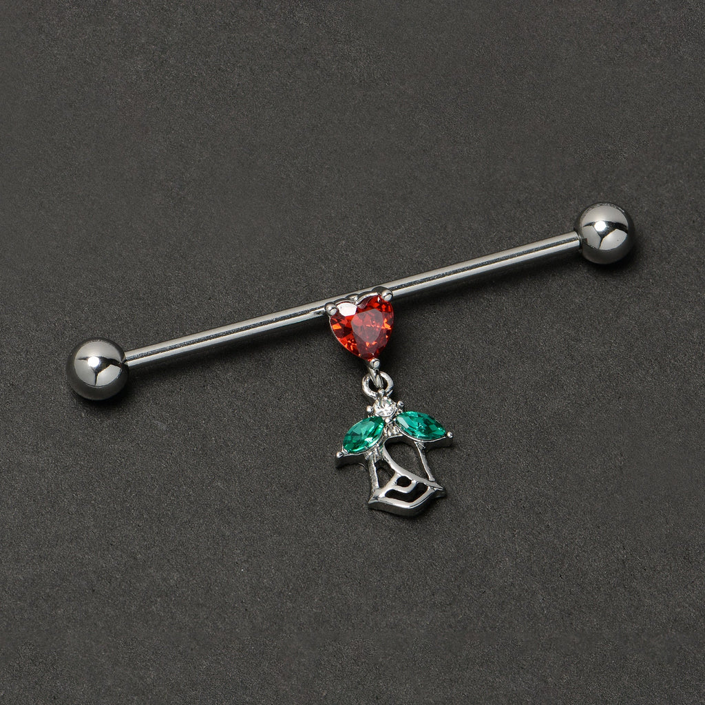 BodyCandy 14G Red CZ Gem Heart And Rose Dangle Industrial Barbell 38mm — back view