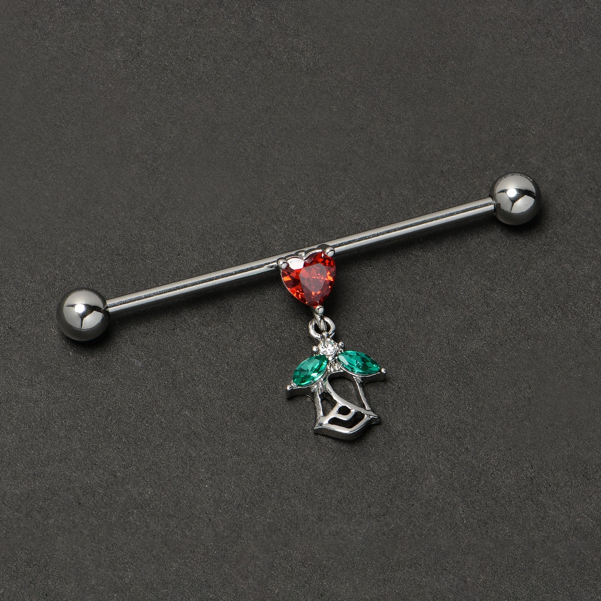 BodyCandy 14G Red CZ Gem Heart And Rose Dangle Industrial Barbell 38mm — back view