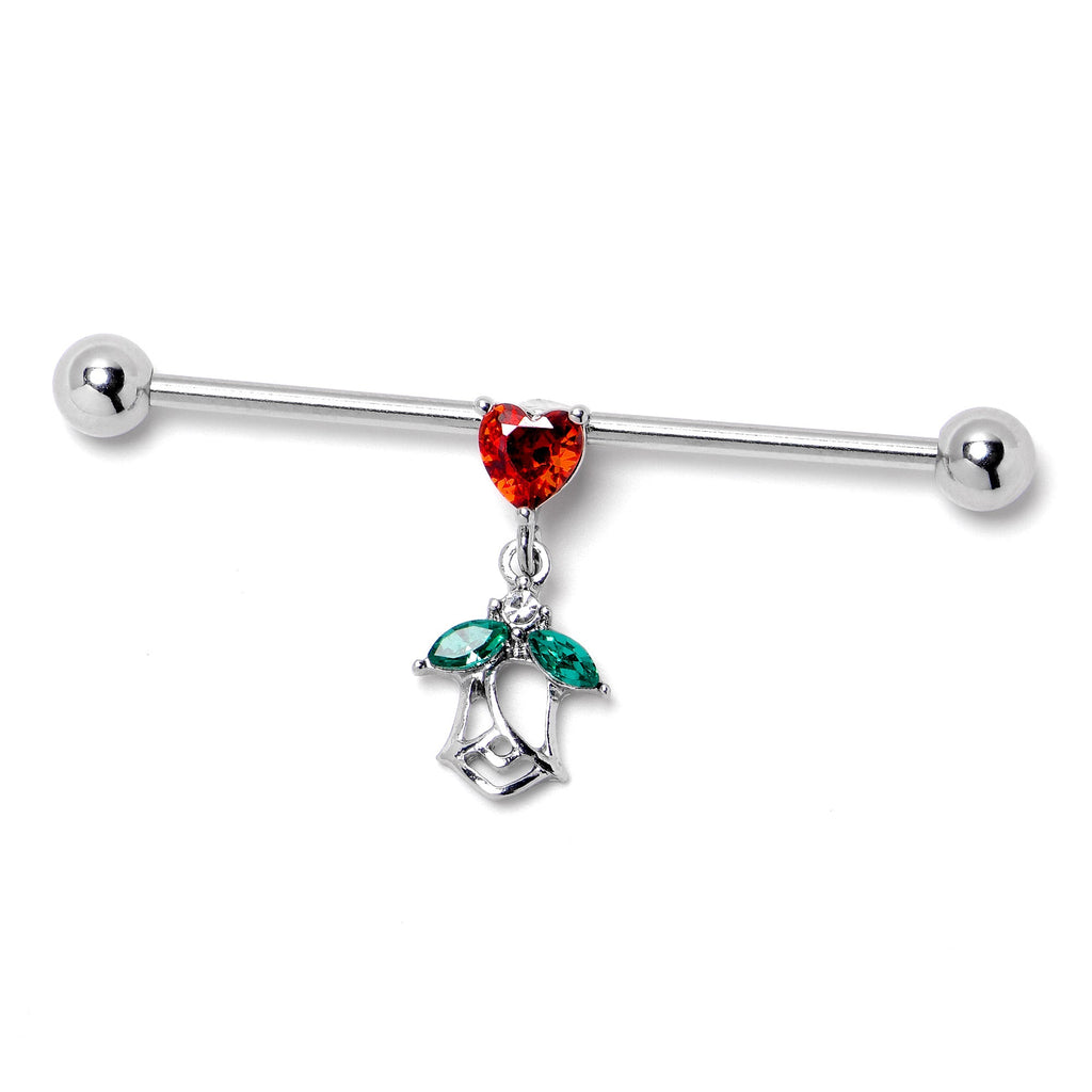 BodyCandy 14G Red CZ Gem Heart And Rose Dangle Industrial Barbell 38mm — alternative angle
