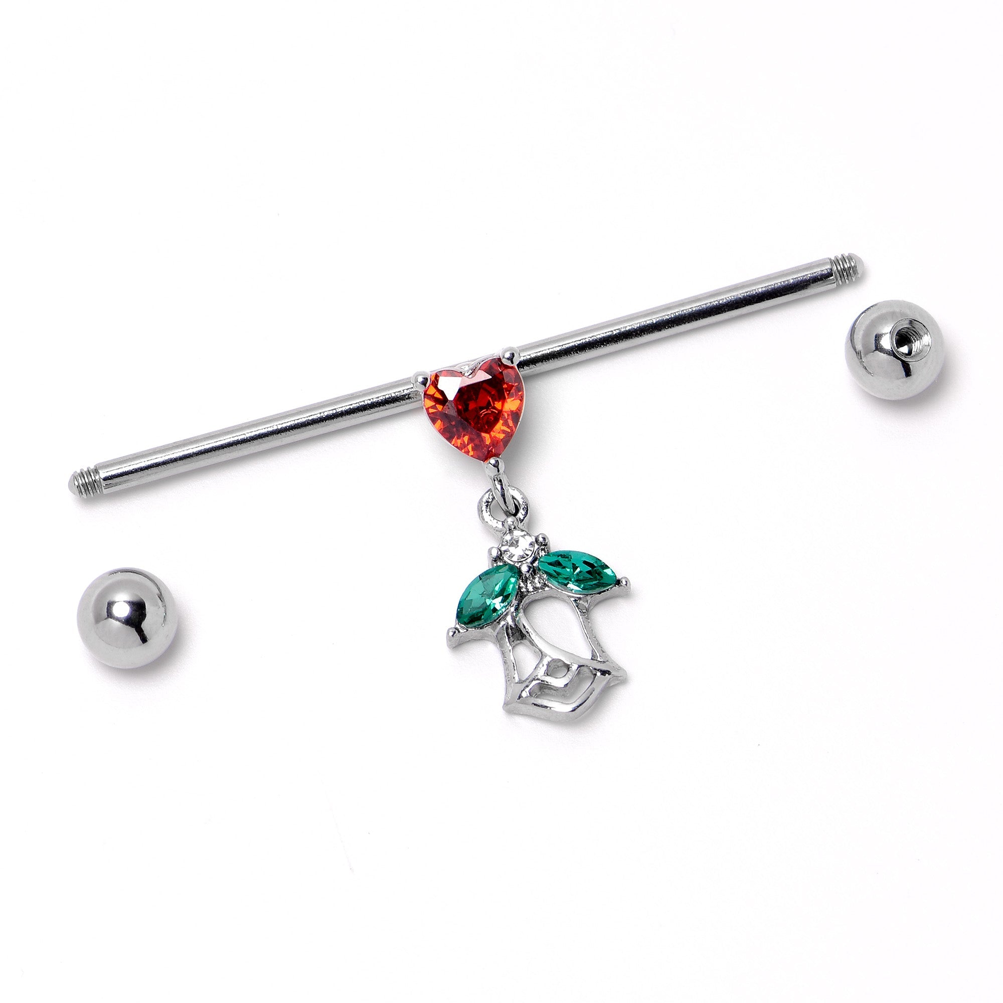 BodyCandy 14G Red CZ Gem Heart And Rose Dangle Industrial Barbell 38mm — in-use photo