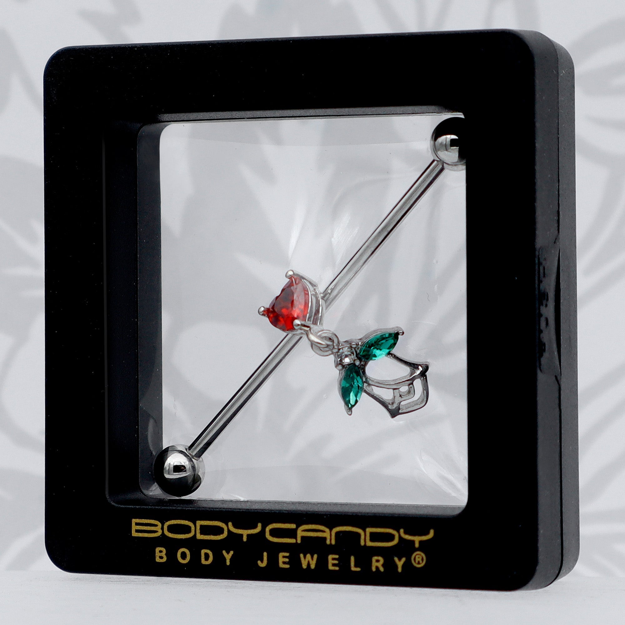 BodyCandy 14G Red CZ Gem Heart And Rose Dangle Industrial Barbell 38mm — size reference