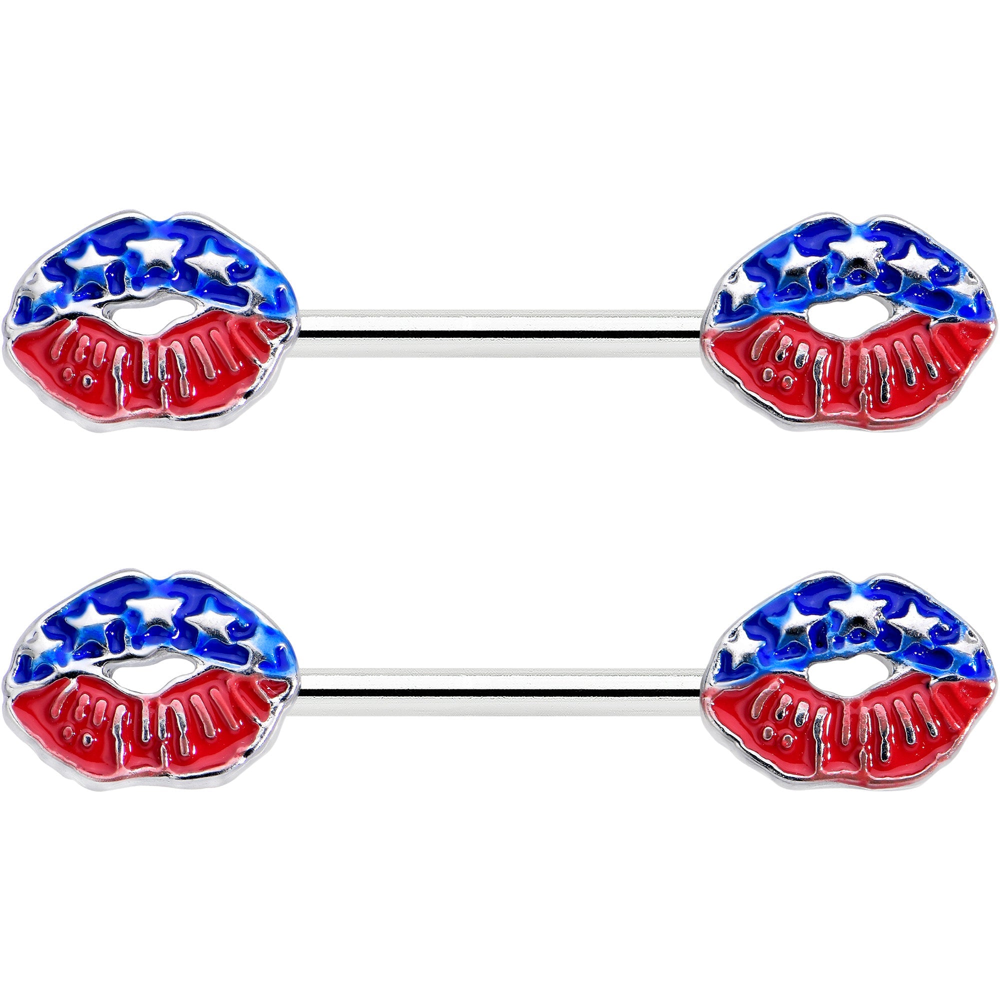 BodyCandy 14G 9/16 Patriotic Kissy Lips Barbell Nipple Ring Set — detail close-up