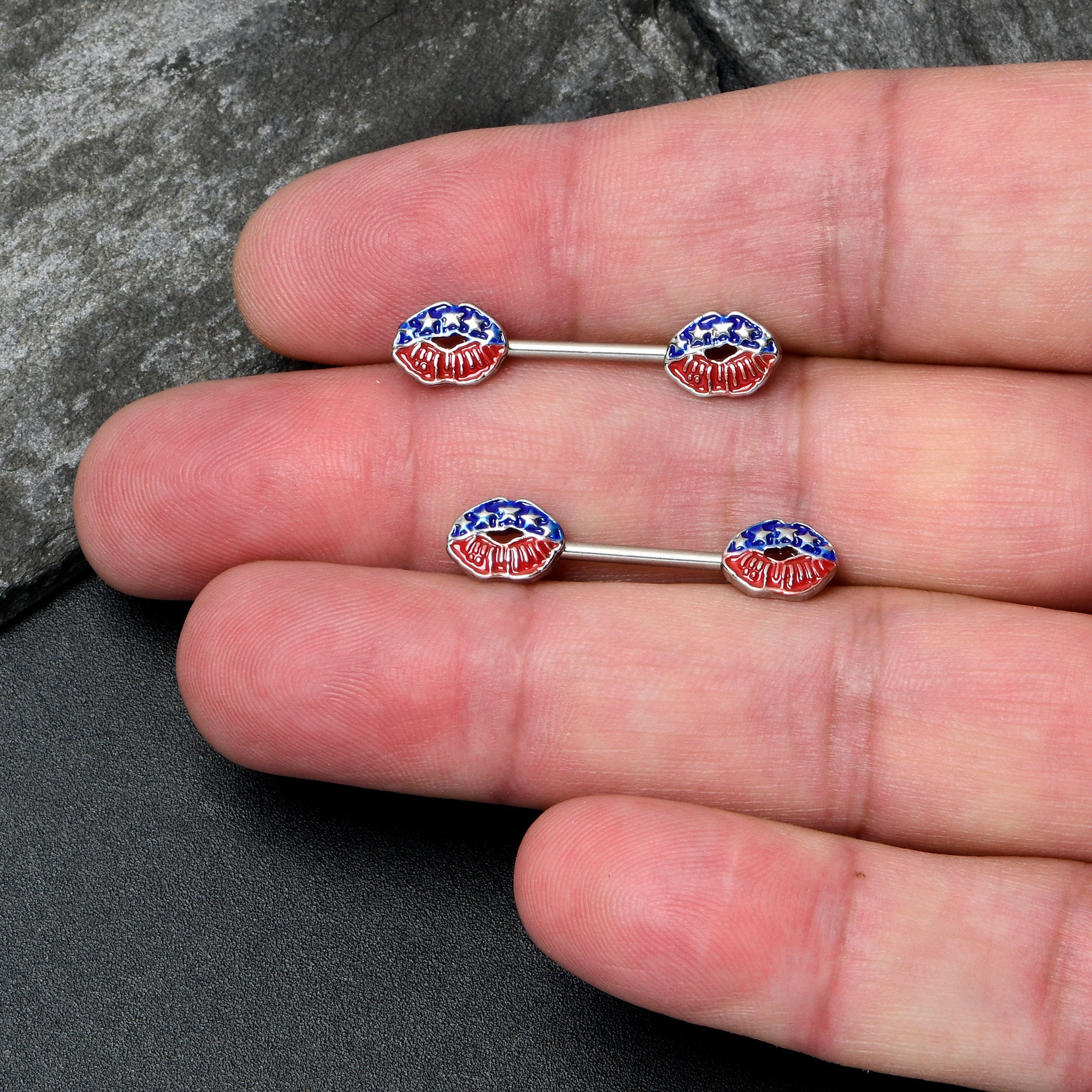 BodyCandy 14G 9/16 Patriotic Kissy Lips Barbell Nipple Ring Set — lifestyle context