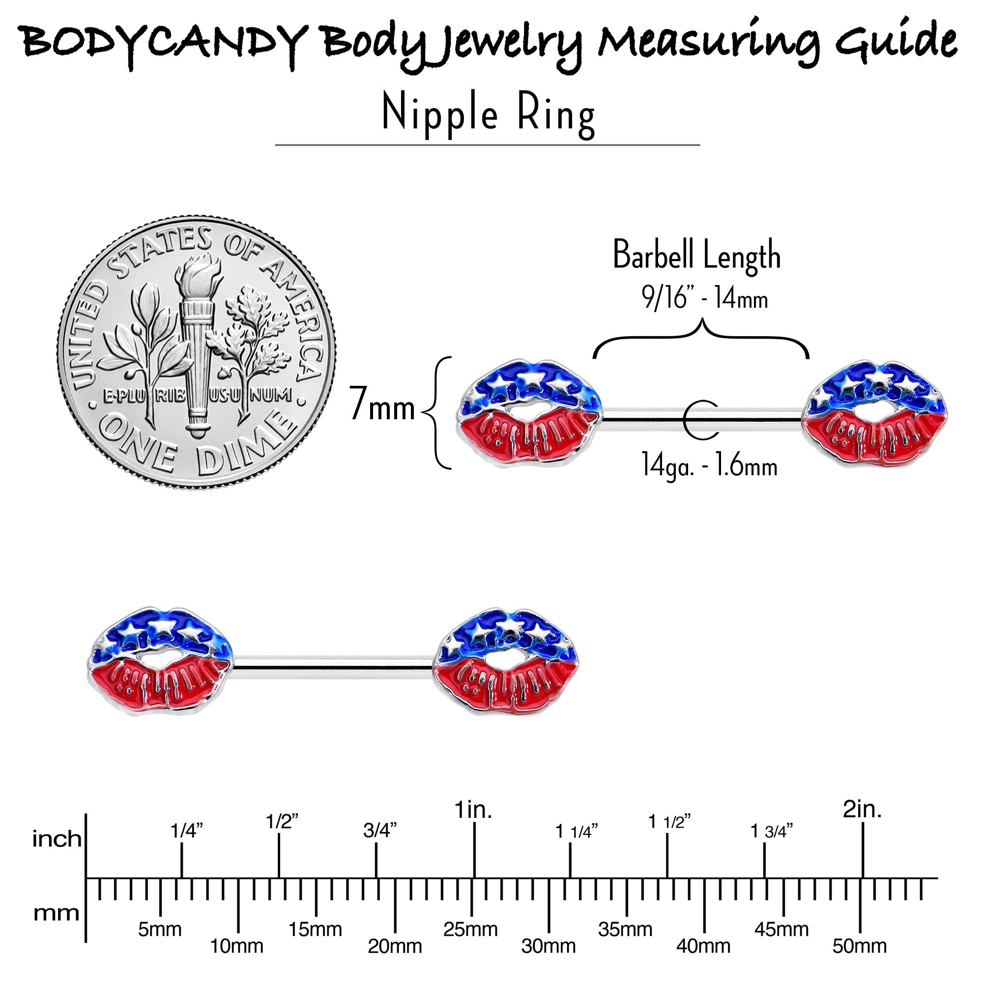BodyCandy 14G 9/16 Patriotic Kissy Lips Barbell Nipple Ring Set — side view