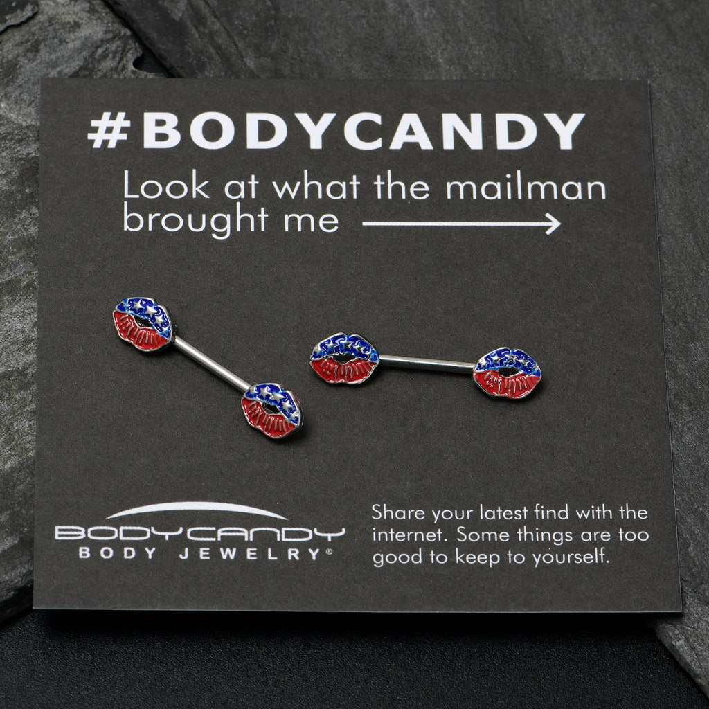 BodyCandy 14G 9/16 Patriotic Kissy Lips Barbell Nipple Ring Set — back view